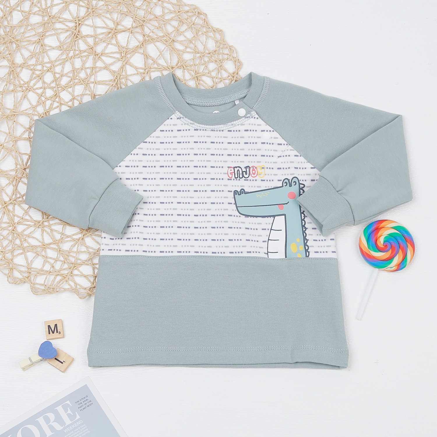 Bộ bé trai dài tay cài vai kẻ nét đứt ND22D (Xanh Ngọc) hình 2