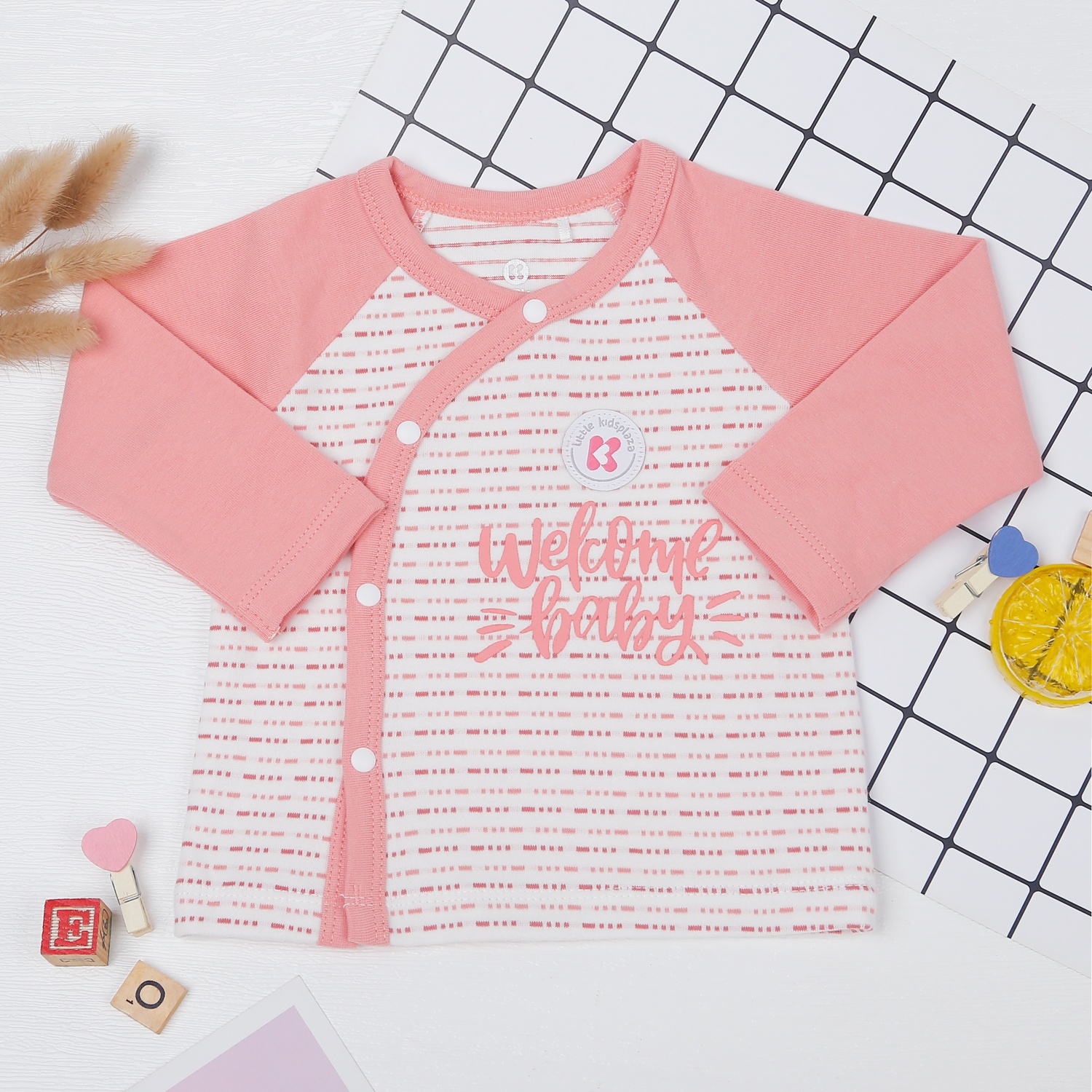 Bộ quần áo bé gái dài tay cài lệch kẻ nét đứt ND22D (Hồng) hình 2