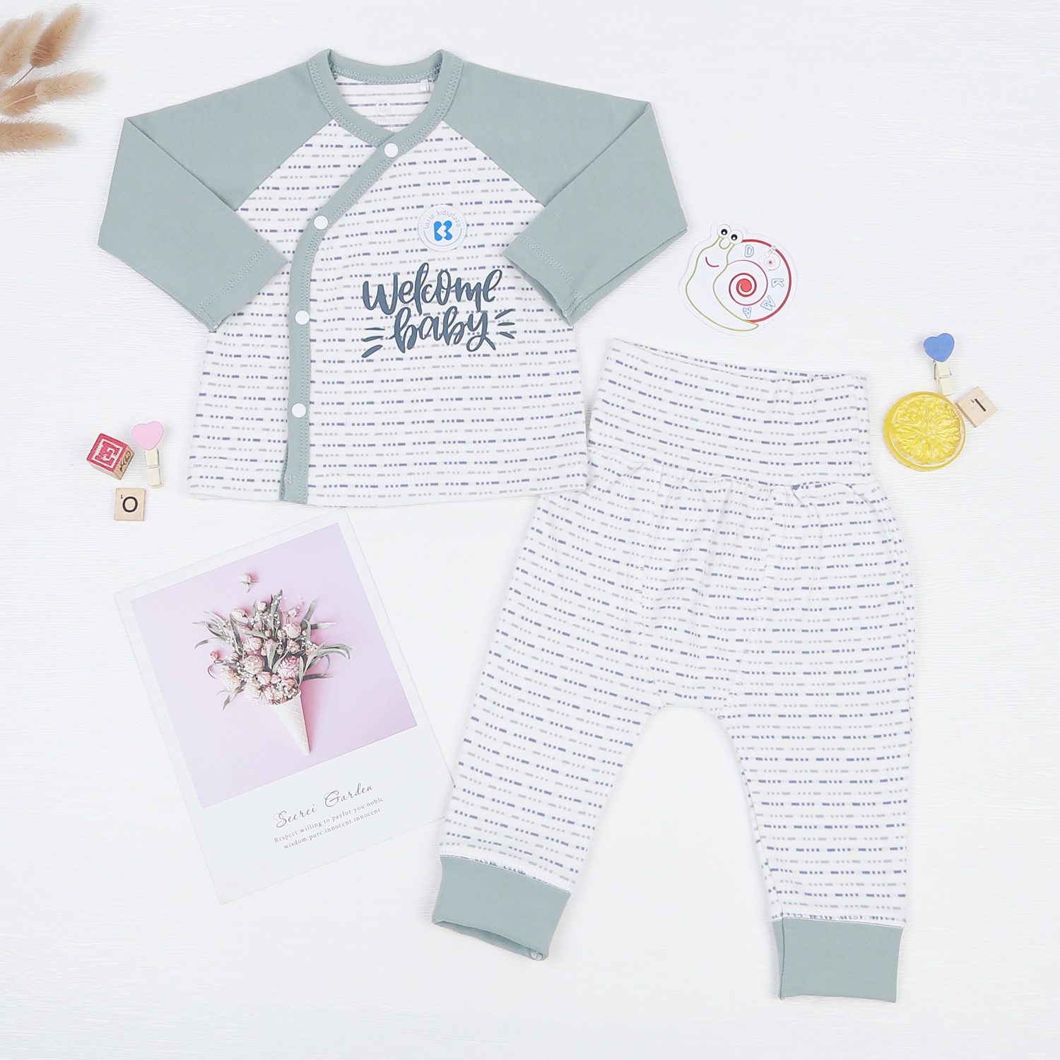 Bộ quần áo bé trai dài tay cài lệch kẻ nét đứt ND22D hình 1