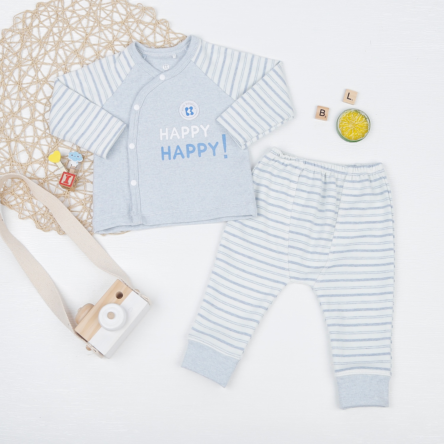 Bộ quần áo dài tay bé trai cài lệch kẻ xanh ND22D hình 1