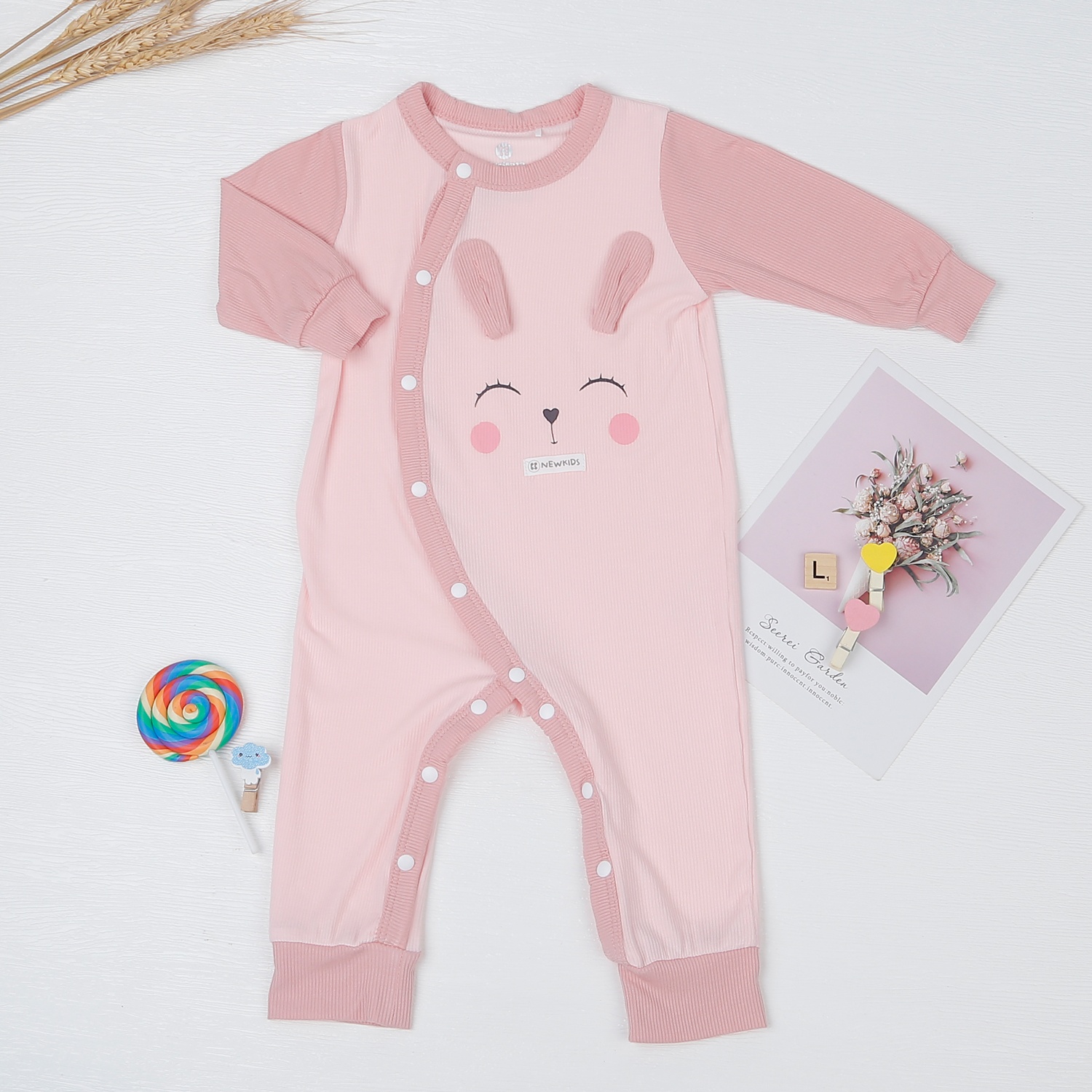 Body dài tay bé gái cài lệch kẻ tăm KidsPlaza ND22T (Hồng Nhạt) hình 1