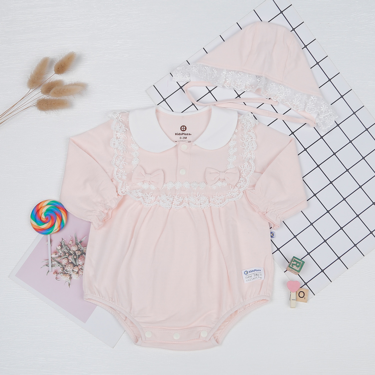 Set body bé gái KidsPlaza ngực đính nơ ren HN22D (Hồng)  hình 1