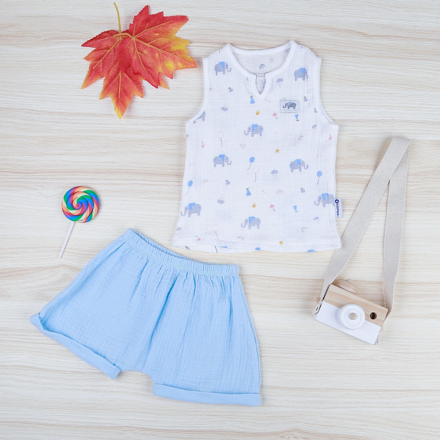 Bộ ba lỗ xô bé trai in voi KidsPlaza trắng xanh M21H hình 1