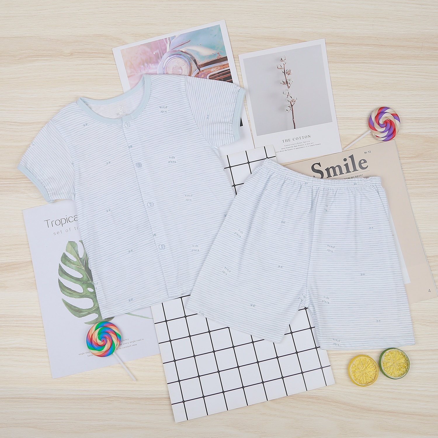 Bộ quần áo cộc kẻ cài giữa KidsPlaza NBA22 (xanh) hình 1