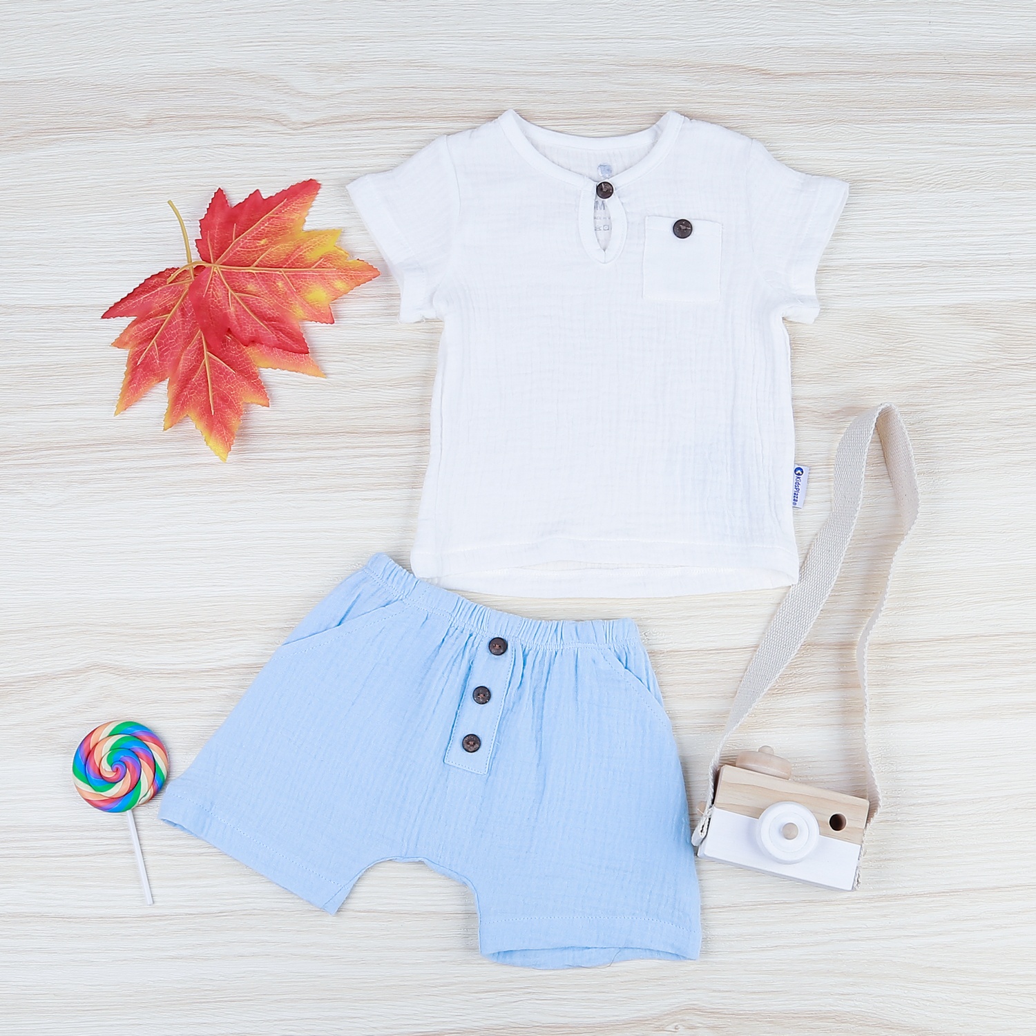 Bộ cộc tay bé trai xô KidsPlaza M21H trắng xanh hình 1