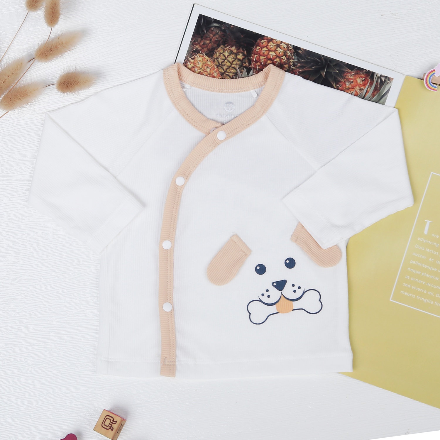 Bộ quần áo dài tay cài lệch kẻ tăm hình chú cún KidsPlaza ND22T hình 2