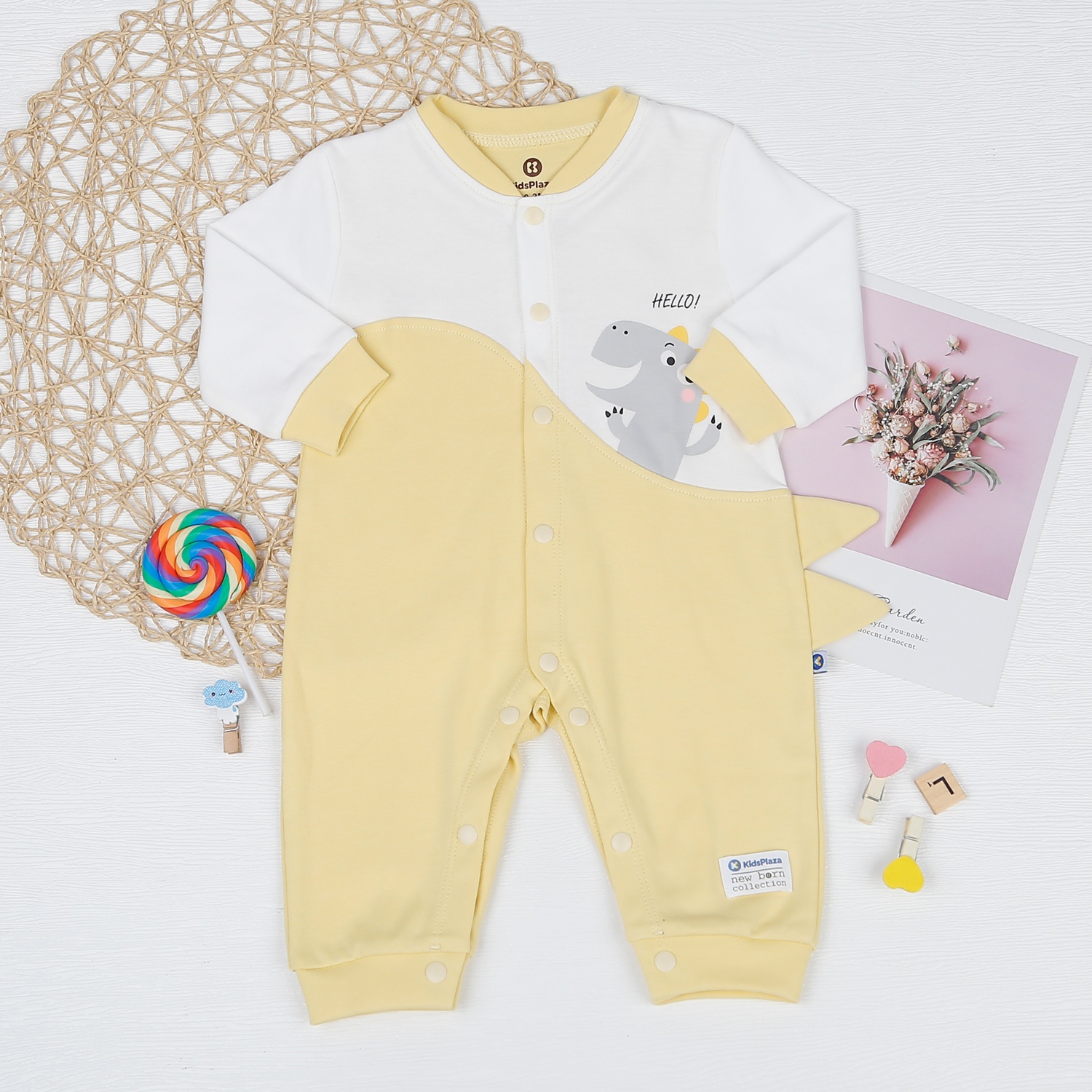 Body bé trai dài tay KidsPlaza in khủng long HN22D (Trắng vàng) hình 1