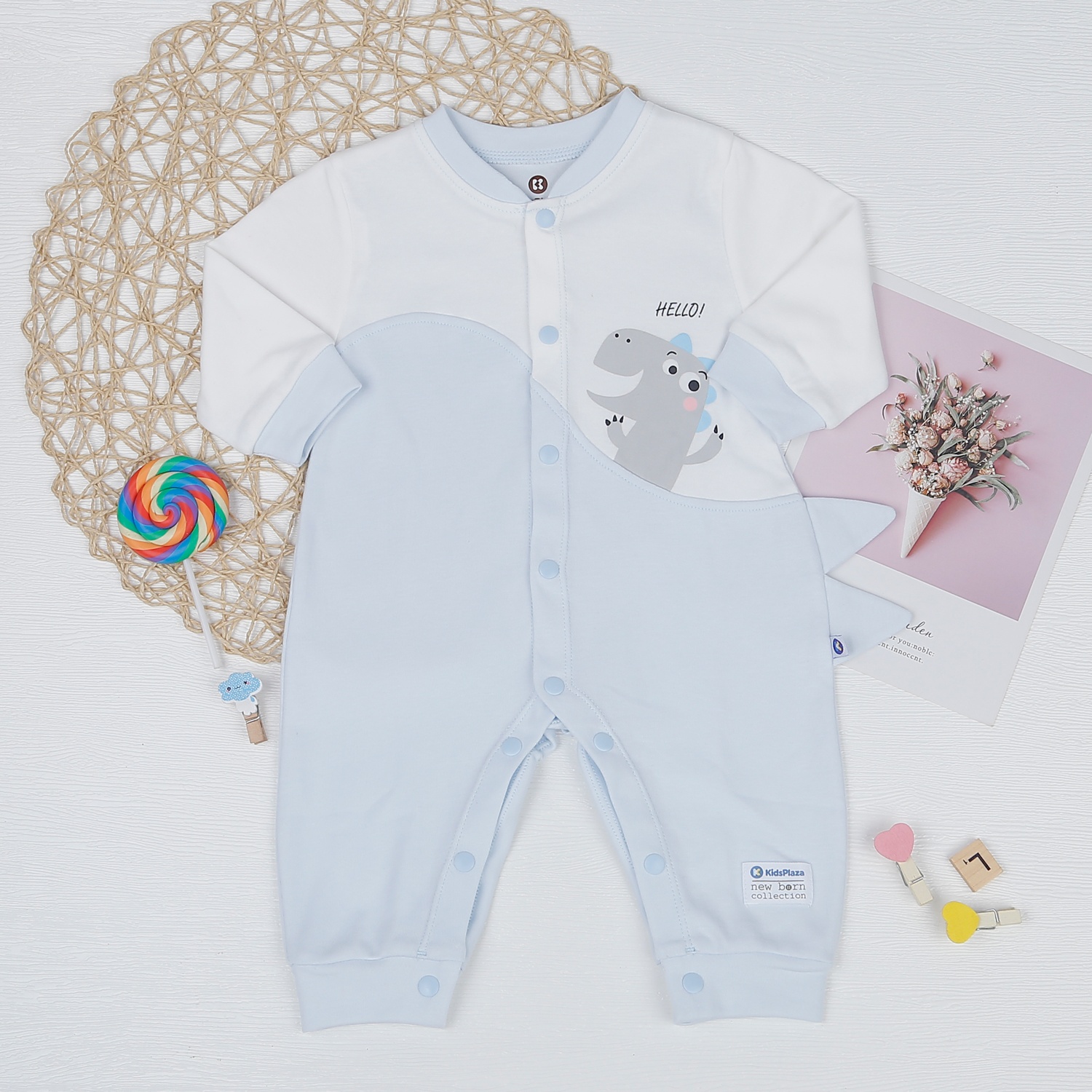 Body bé trai dài tay KidsPlaza in khủng long HN22D (Trắng xanh) hình 1