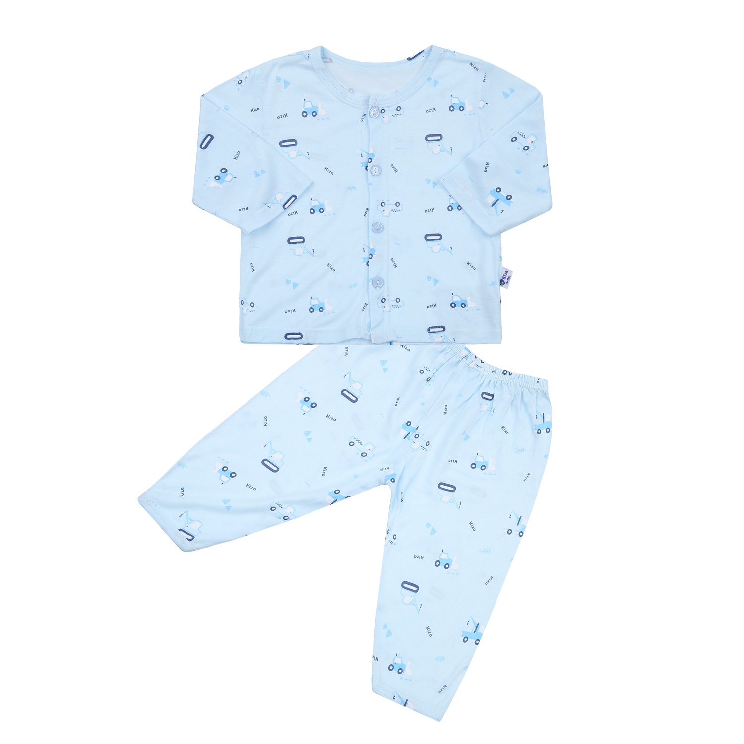 Bộ quần áo dài tay cài giữa Kiza in máy xúc BA23T (Xanh)