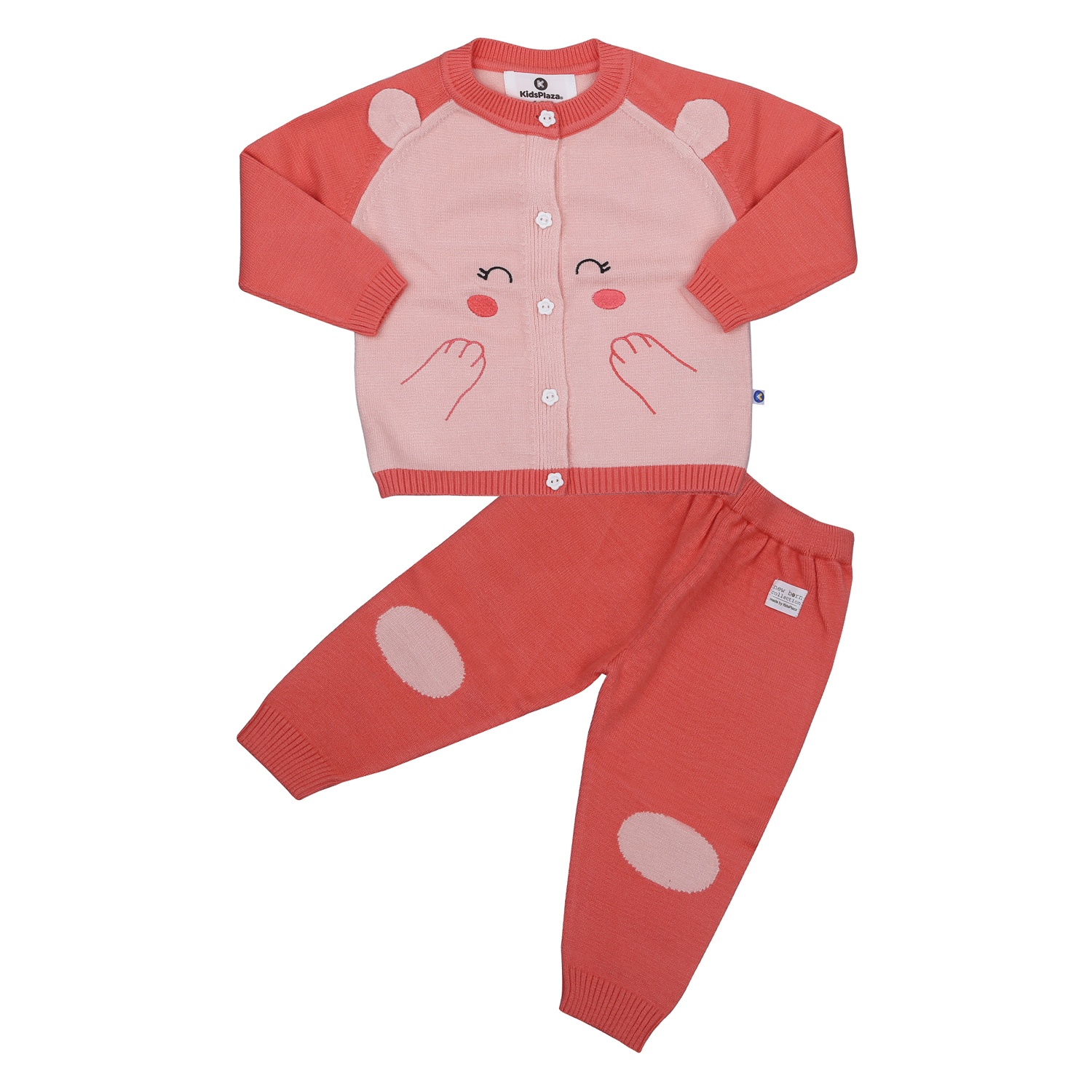 Bộ sơ sinh len KidsPlaza thêu gấu hồng HN23D