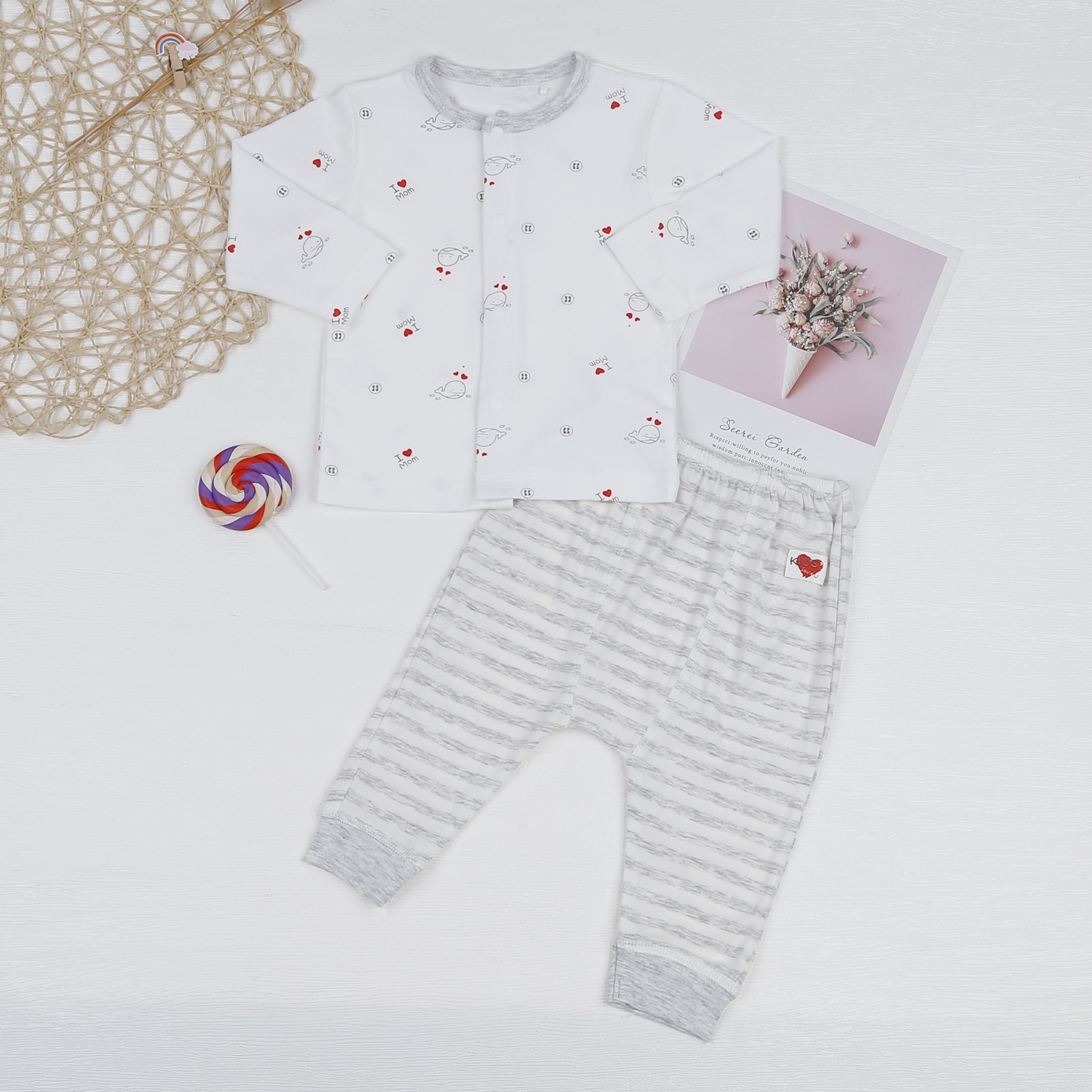 Bộ quần áo dài tay KidsPlaza cài giữa trắng kẻ ghi ND23H hình 1