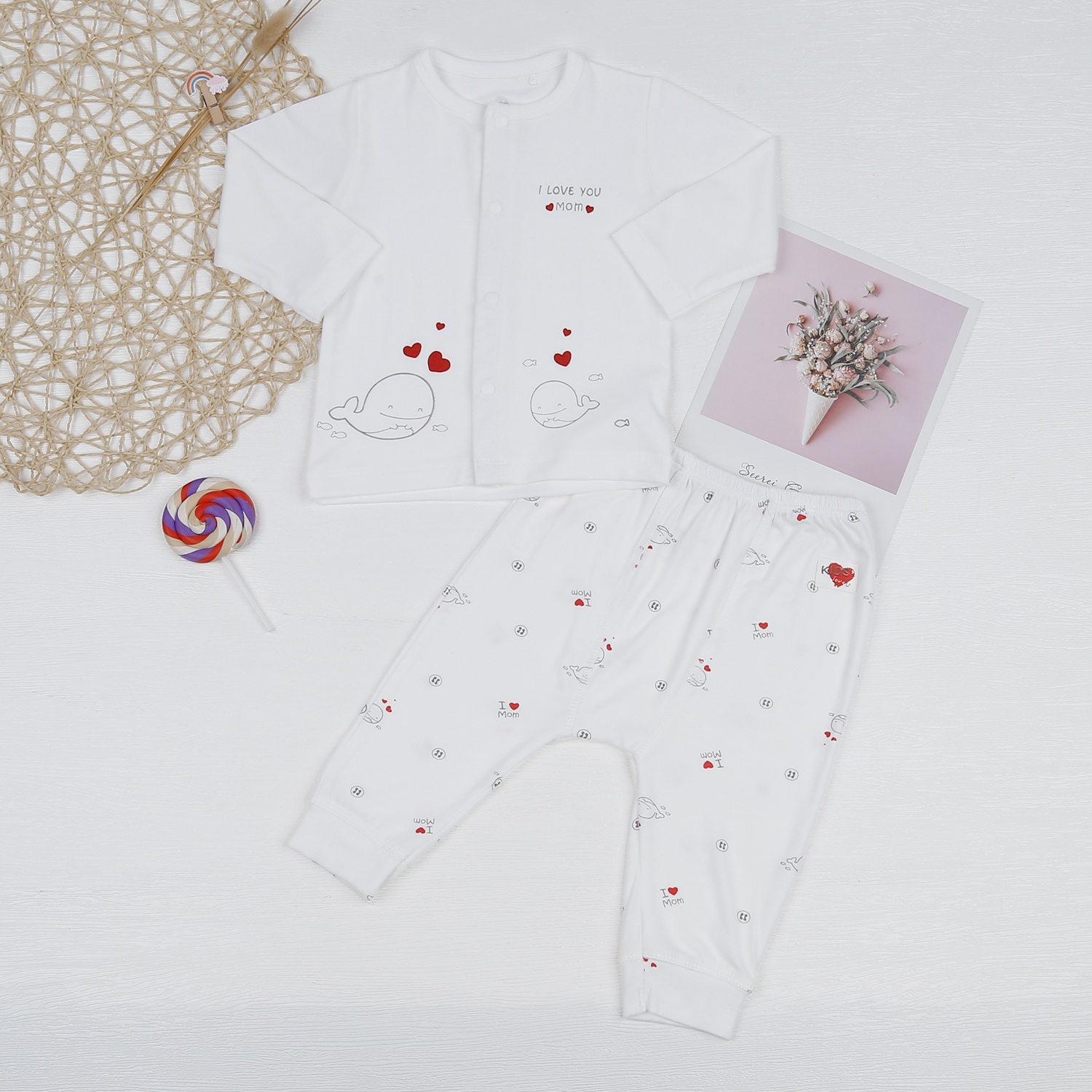 Bộ quần áo dài tay KidsPlaza trắng in cá ND23H hình 1