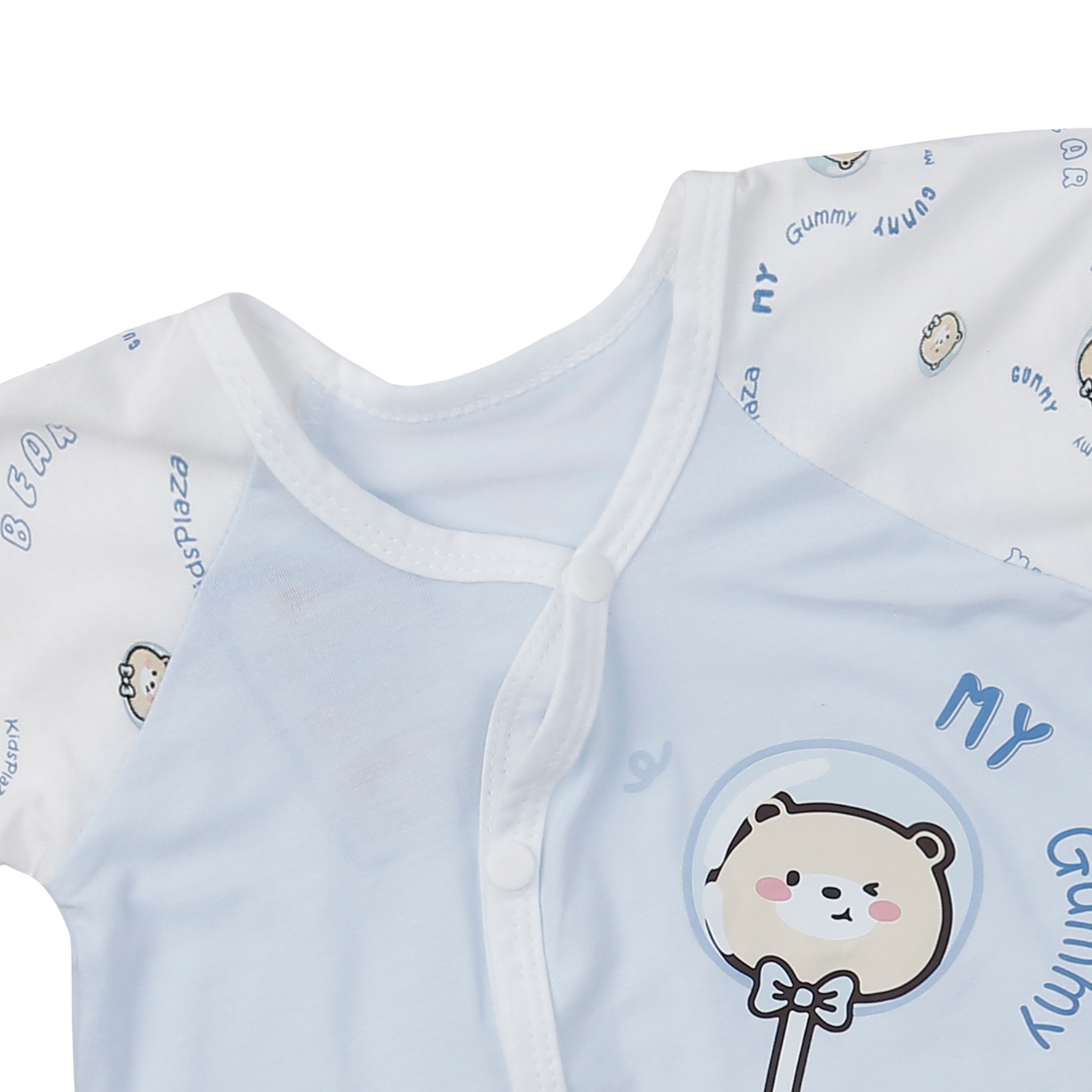 Bộ body cộc tay cài lệch Kidsplaza in gấu nơ IQ24H (Xanh trắng)