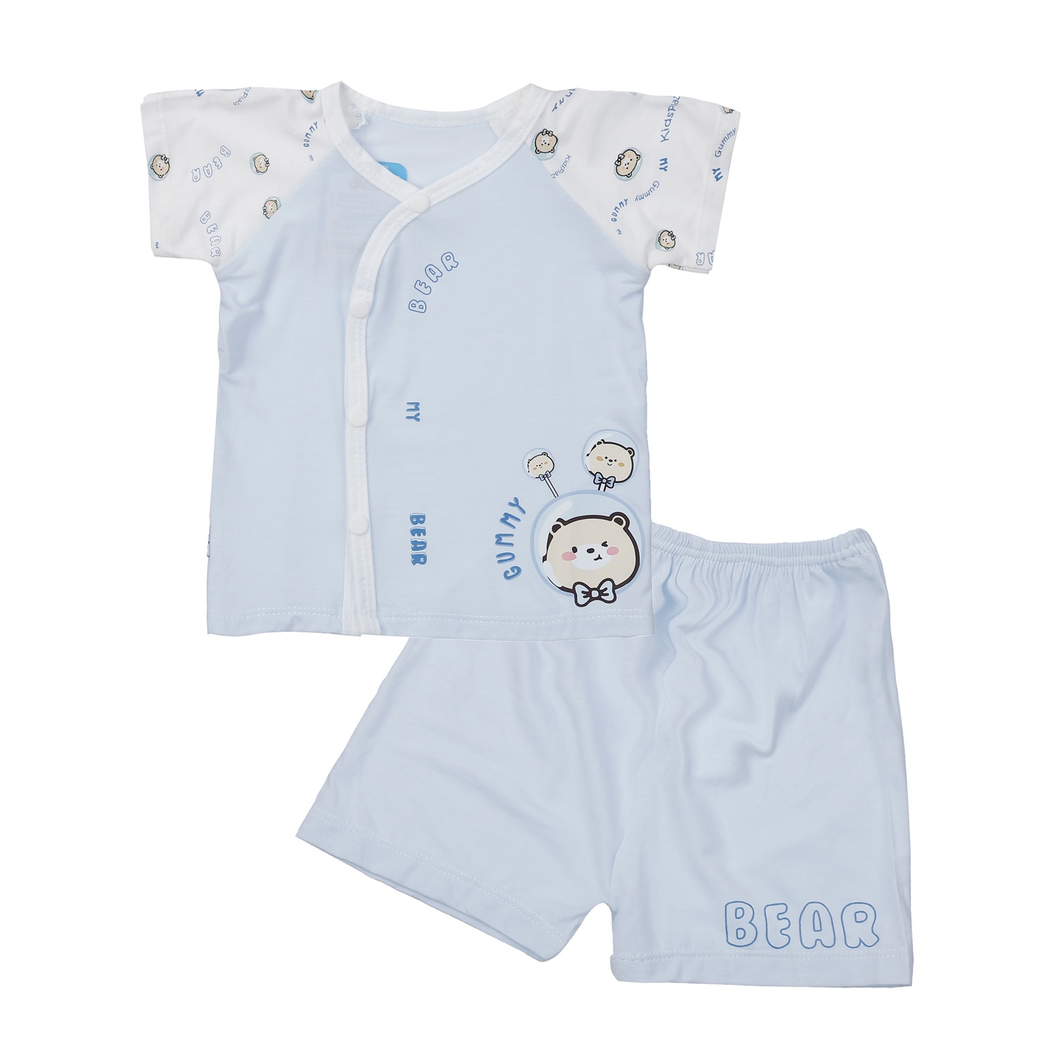 Bộ quần áo cộc tay cài lệch Kidsplaza in gấu nơ IQ24H (Xanh)