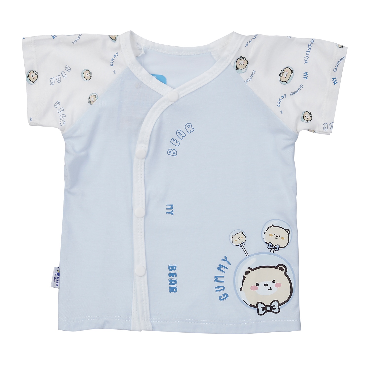 Bộ quần áo cộc tay cài lệch Kidsplaza in gấu nơ IQ24H (Xanh)