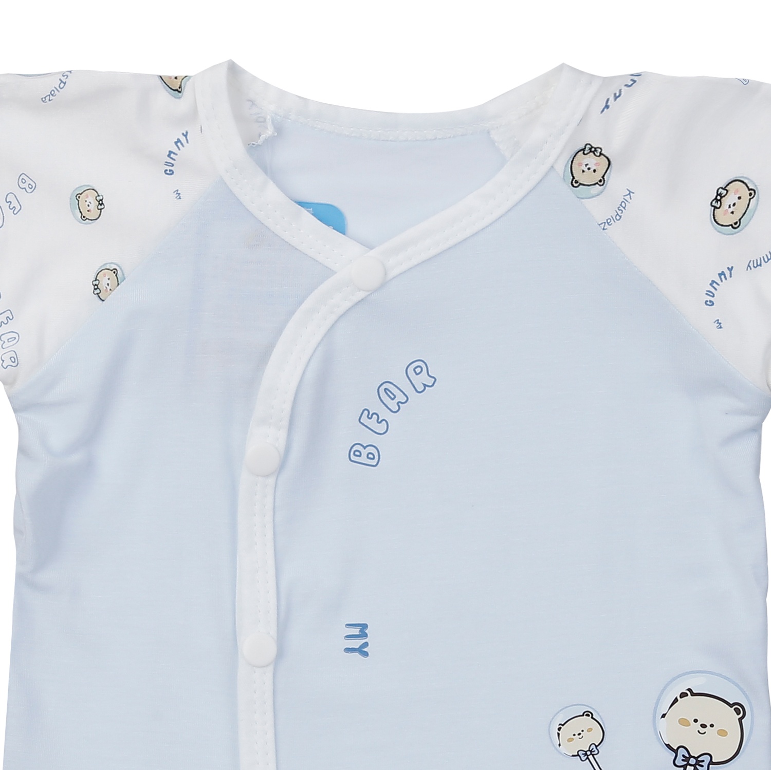 Bộ quần áo cộc tay cài lệch Kidsplaza in gấu nơ IQ24H (Xanh)