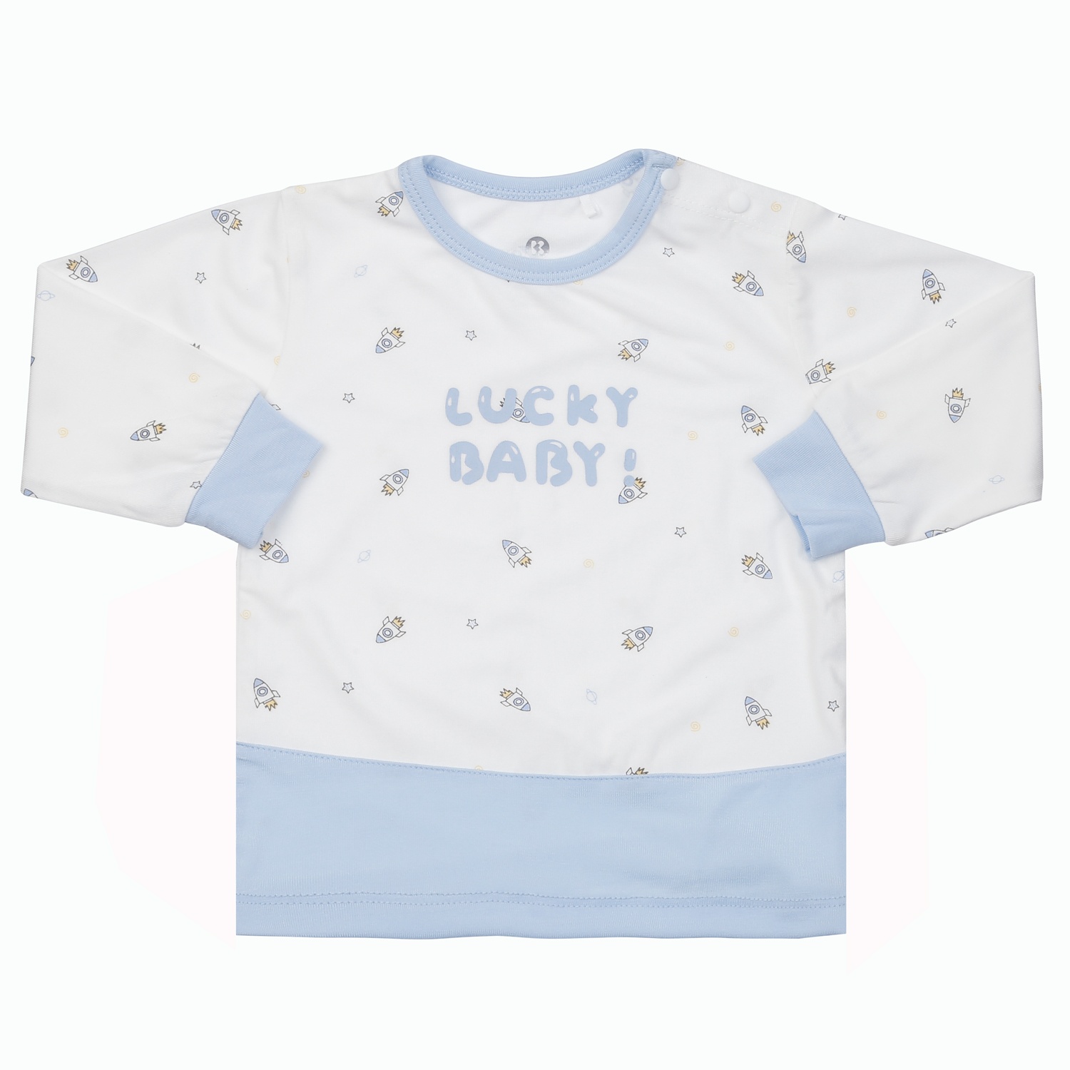 Bộ quần áo dài tay cài vai KidsPlaza Otis in tên lửa ND24T (Trắng xanh)