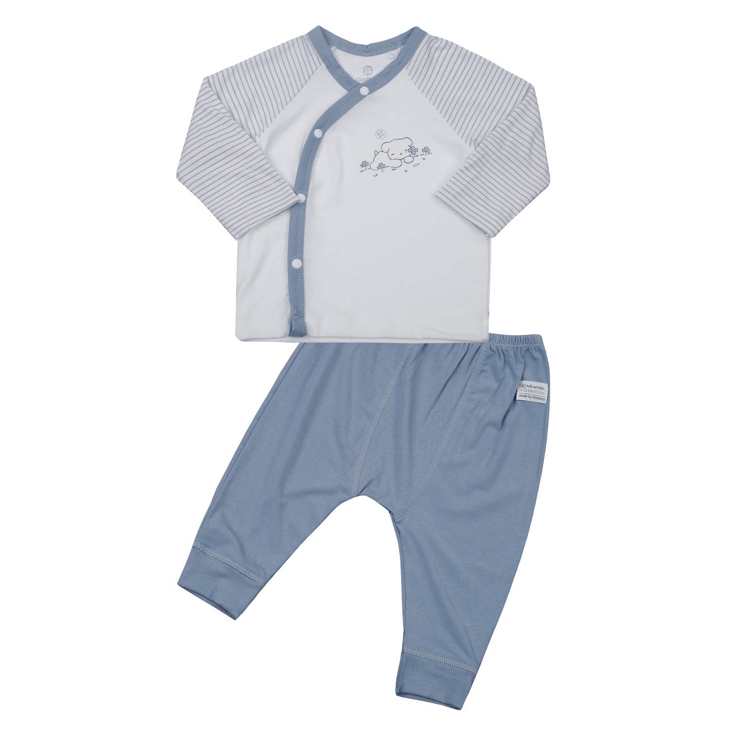 Bộ quần áo dài tay cài lệch KidsPlaza Otis gấu ND24H (Trắng kẻ xanh) hình 1