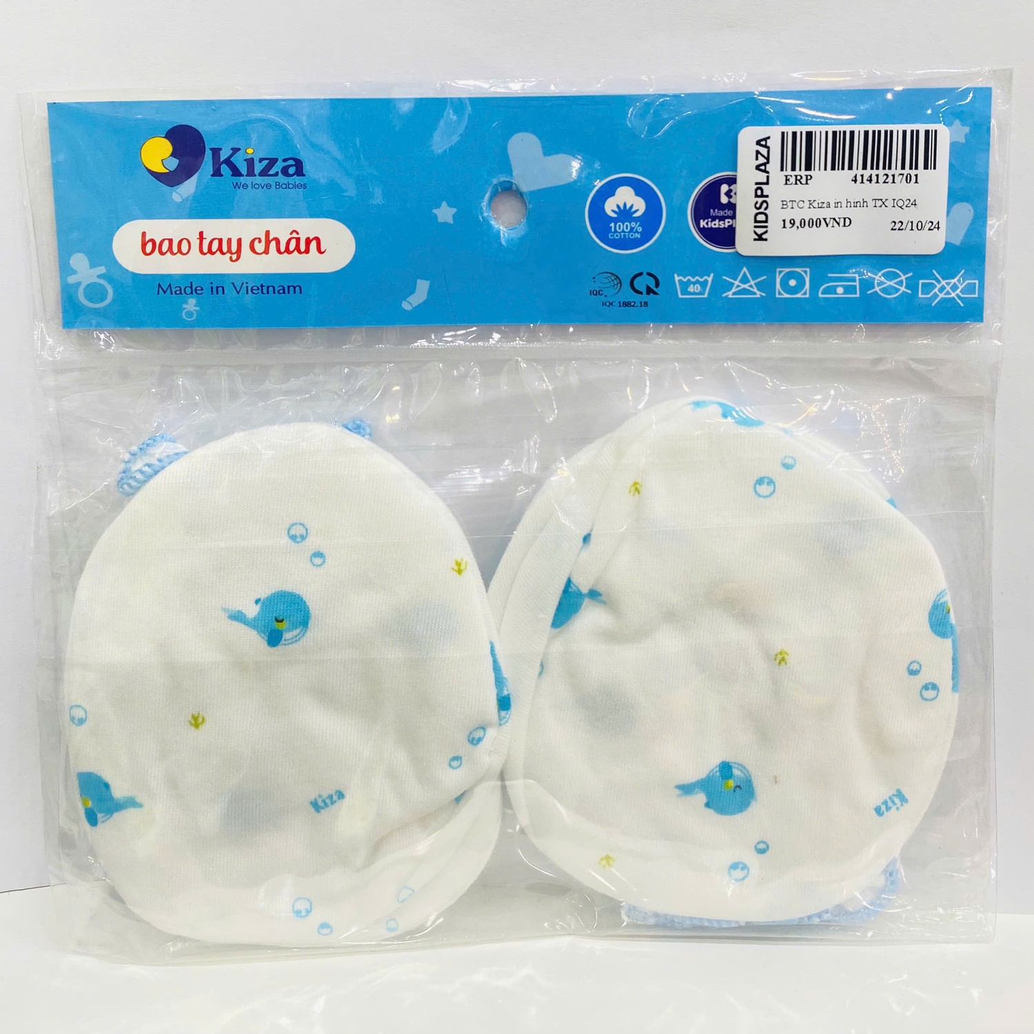 Bao tay chân Kiza in hình cá heo IQ24 (Trắng xanh) với 100% cotton