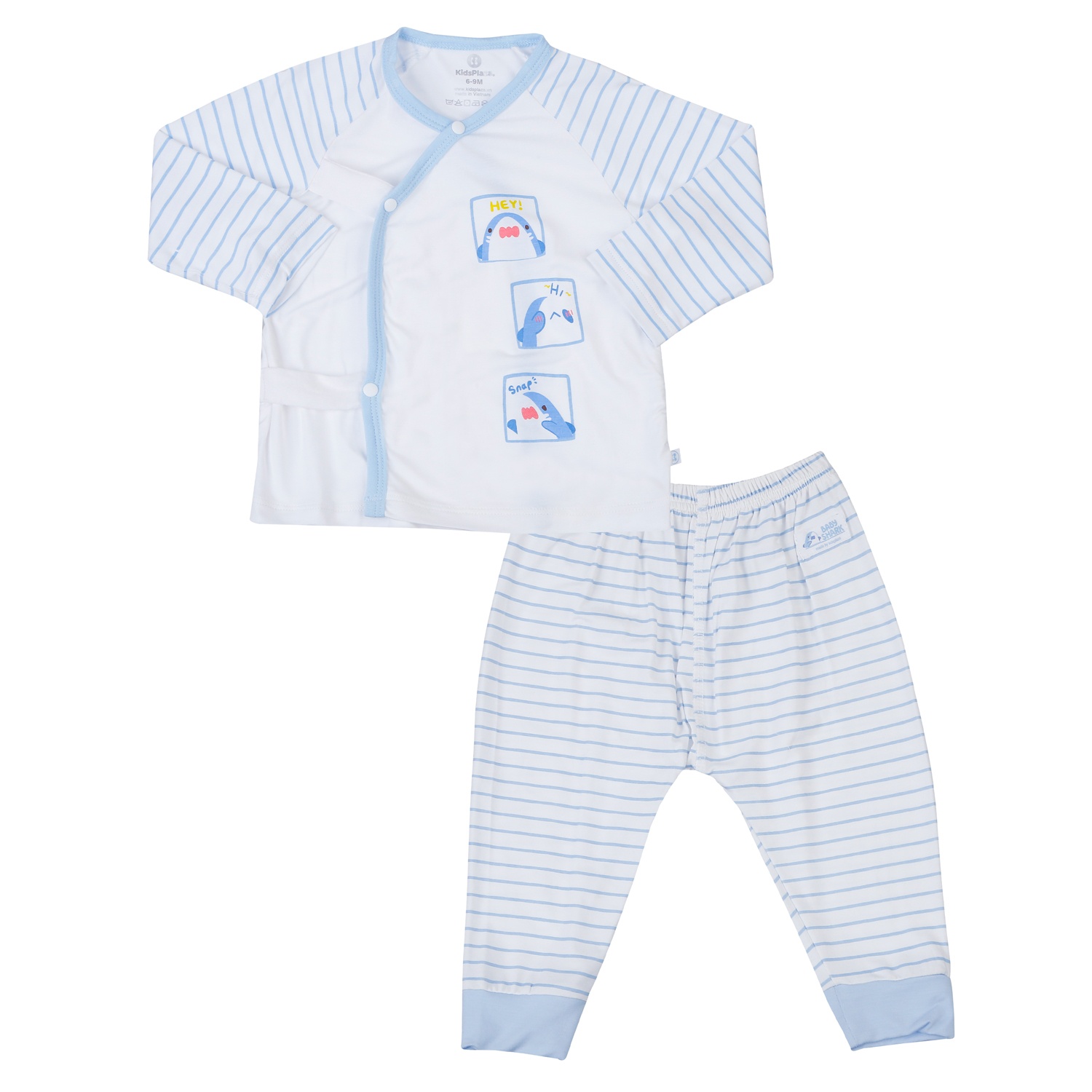 Bộ quần áo dài tay cài lệch KidsPlaza sọc in 3 shark TT25H (Trắng xanh) hình 1