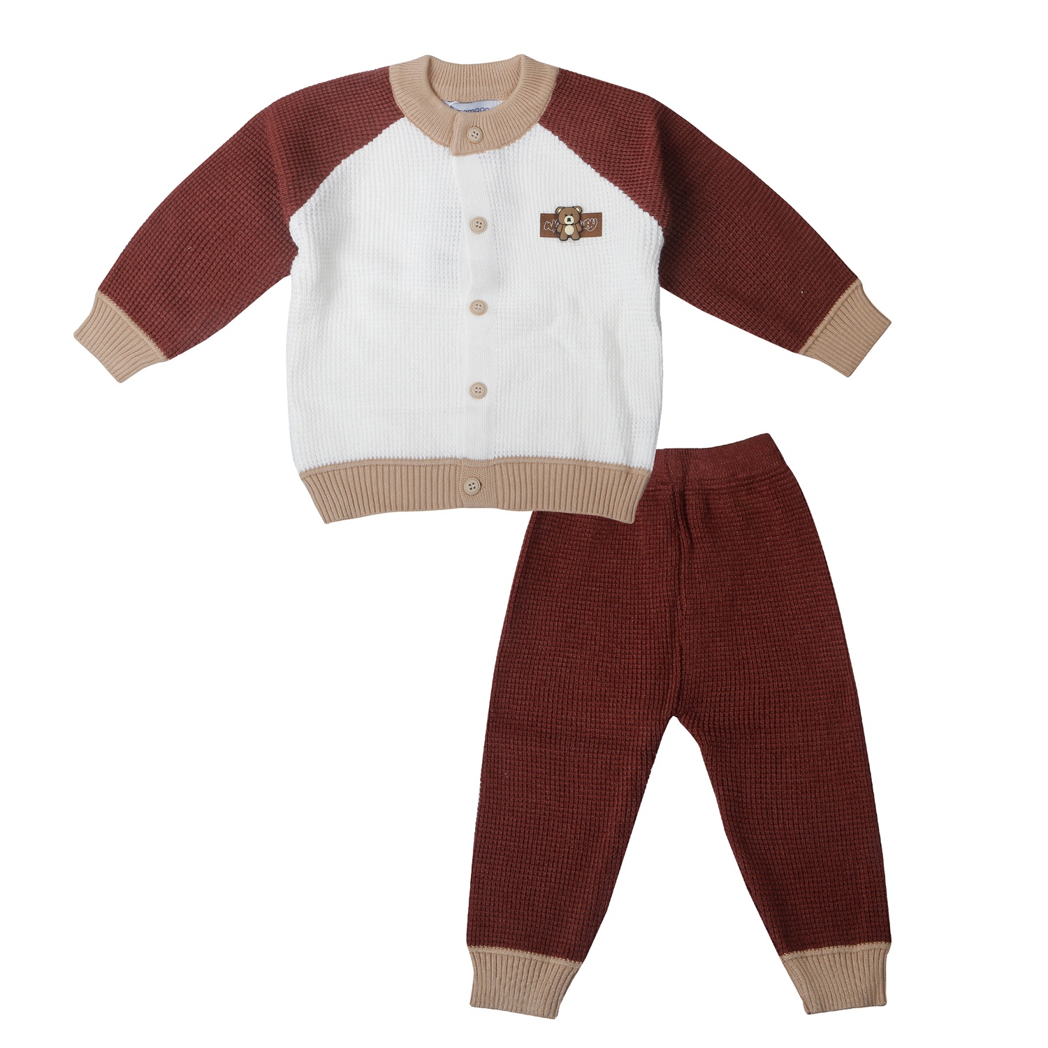 Bộ quần áo len bé trai Mamago 4 cúc gấu 25M-QA06 (Nâu be)