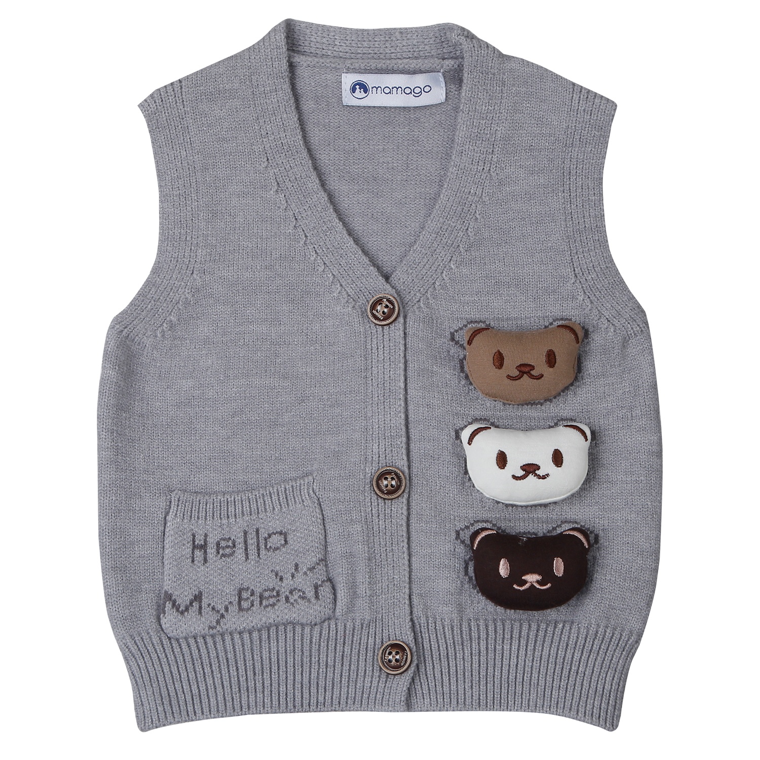Áo len gile bé trai Mamago gắn 3 gấu 25M-G13 (Ghi)