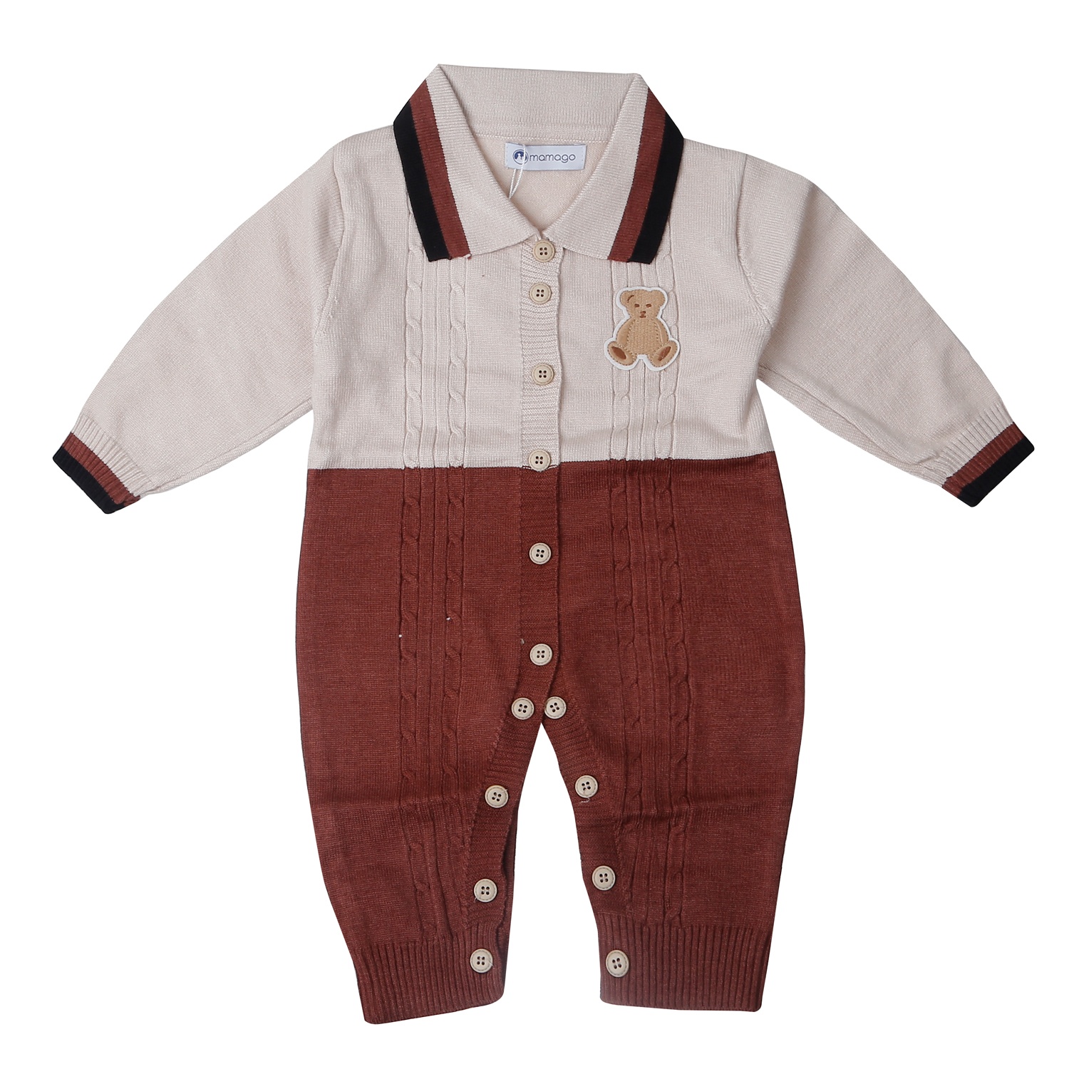 Bộ body len bé trai Mamago gắn gấu 25M-BL03 (Be nâu)