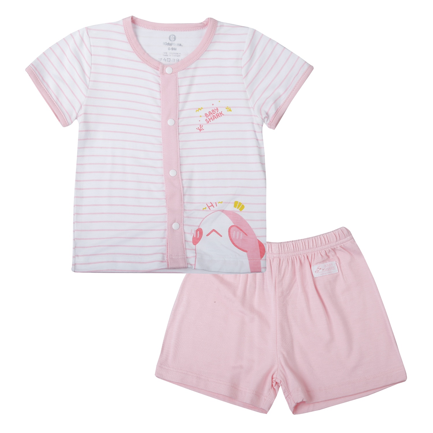 Bộ quần áo cộc cài giữa KidsPlaza in baby shark TT25H (Trắng hồng)