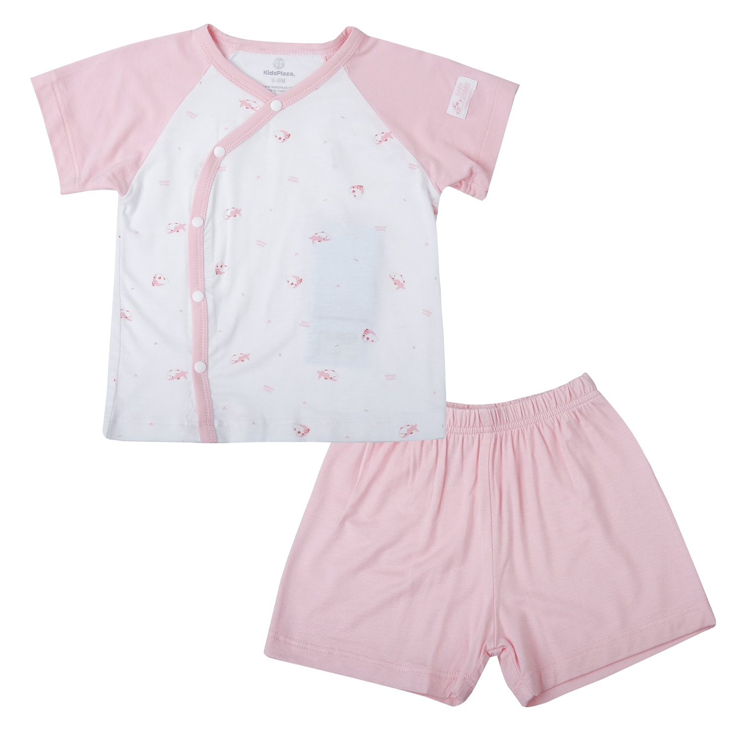 Bộ quần áo cộc cài lệch KidsPlaza in cá TT25H (Trắng hồng)