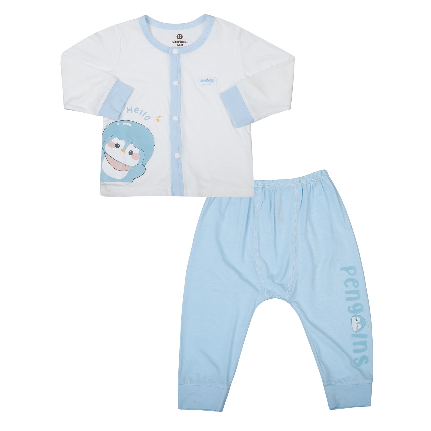 Bộ quần áo dài tay cài giữa KidsPlaza Modal in chim cánh cụt M25T (Trắng xanh)