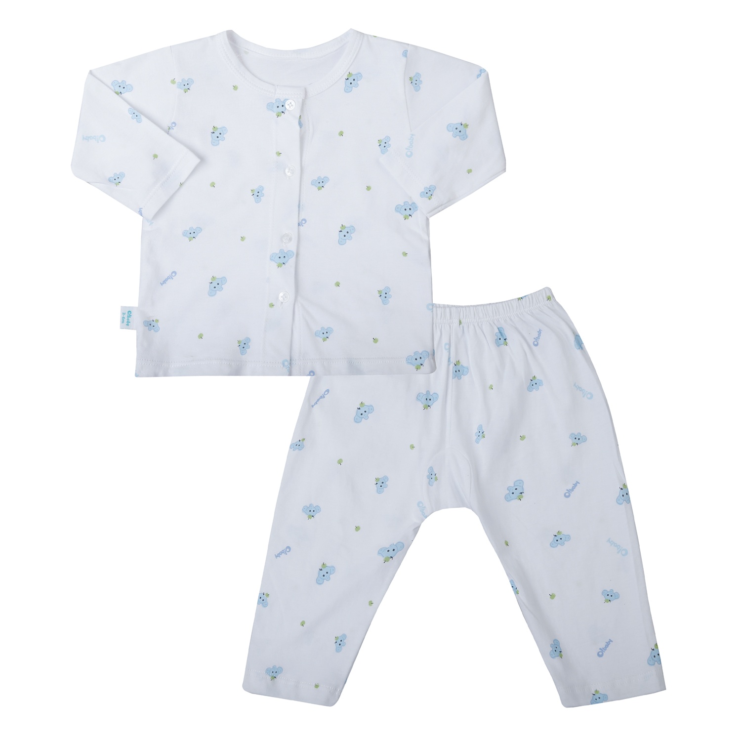 Bộ quần áo dài tay cài giữa O!Baby in voi DN25 (Trắng)