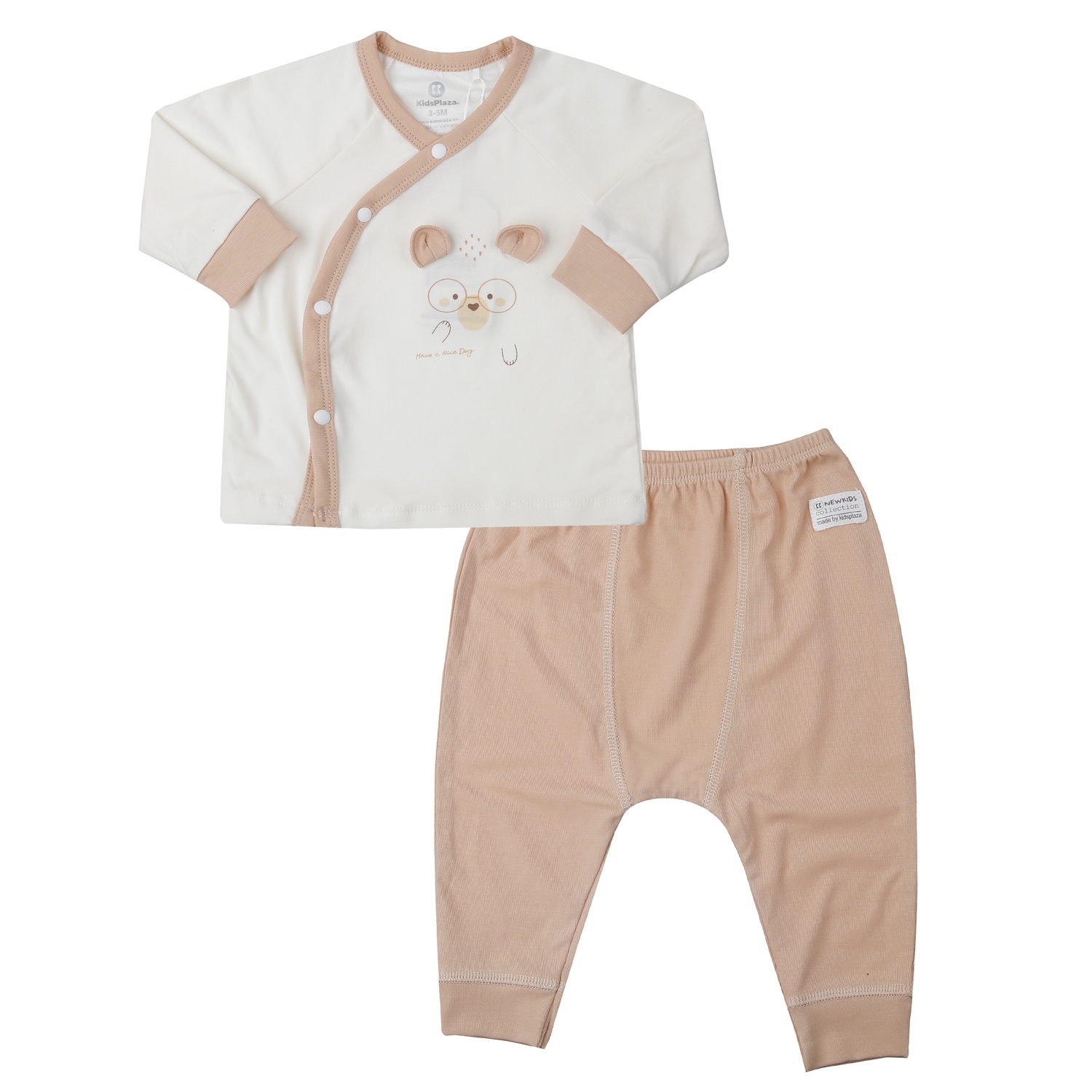 Bộ quần áo dài tay cài lệch KidsPlaza Otis in gấu ND25T (Be nâu)