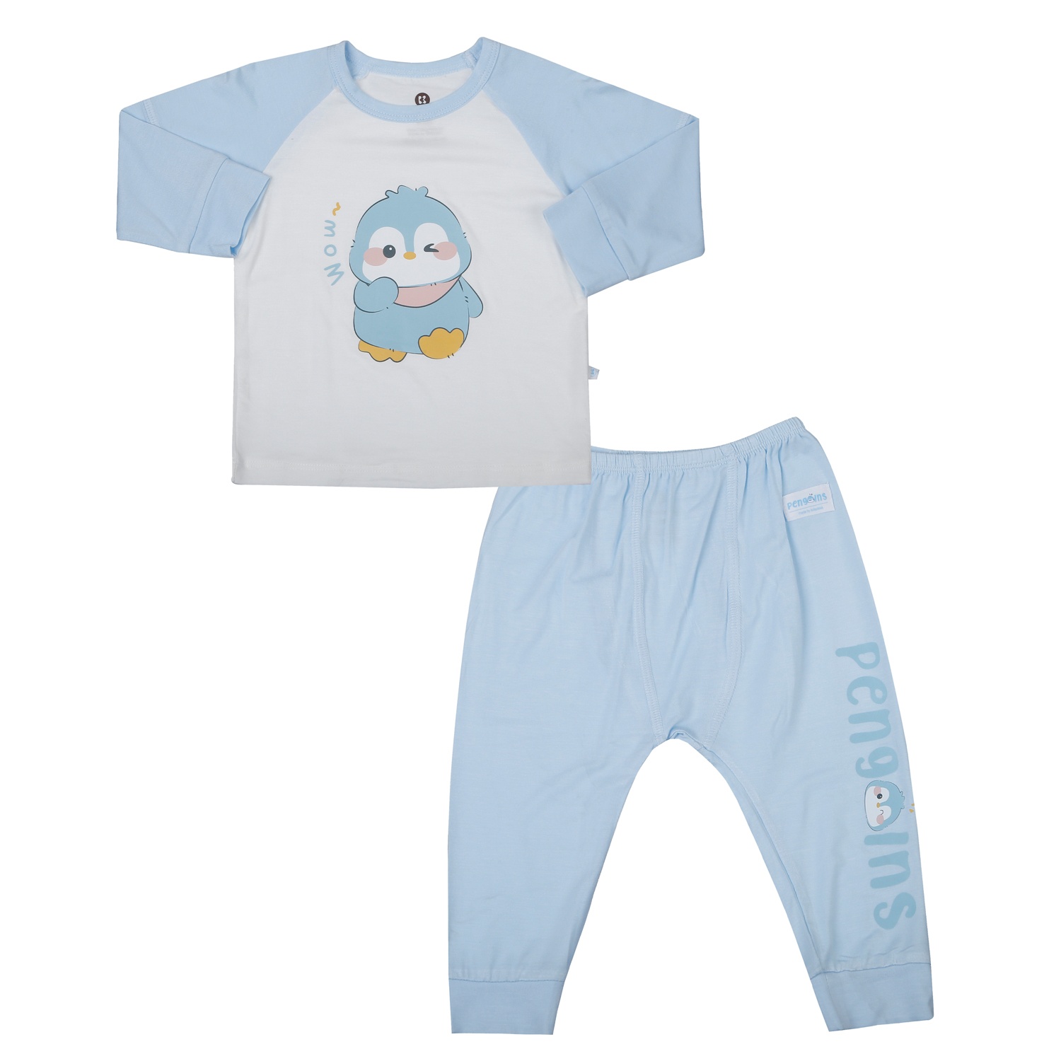 Bộ quần áo dài tay cài vai KidsPlaza Modal in chim cánh cụt M25T (Trắng xanh) hình 1