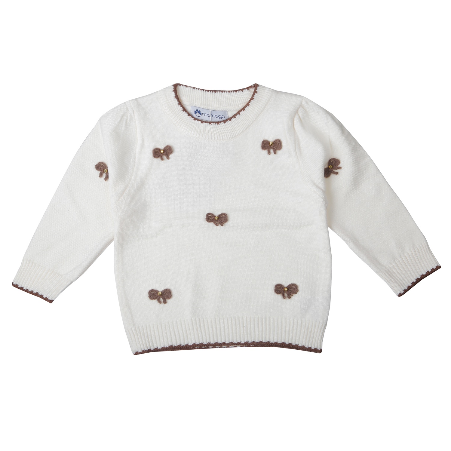 Bộ quần áo len bé gái Mamago đính nơ 25M-QA03 (Trắng nâu)