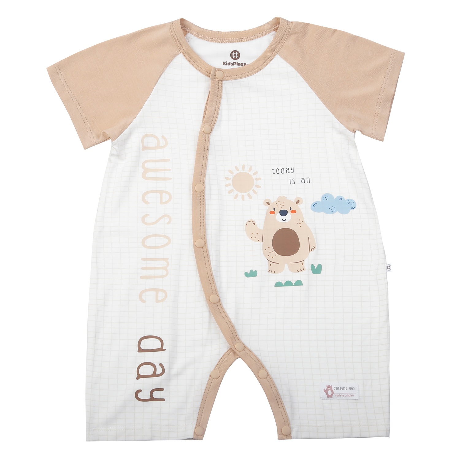 Body cộc tay cài lệch KidsPlaza in gấu M25H (Trắng kẻ nâu) 