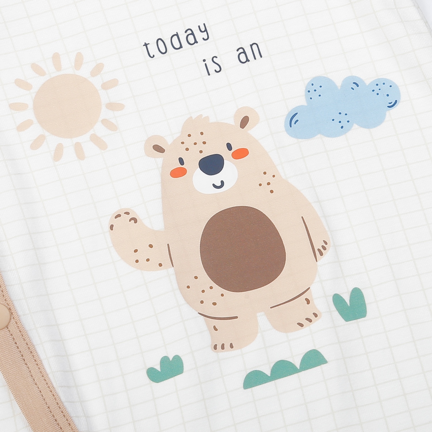 Body cộc tay cài lệch KidsPlaza in gấu M25H (Trắng kẻ nâu) 