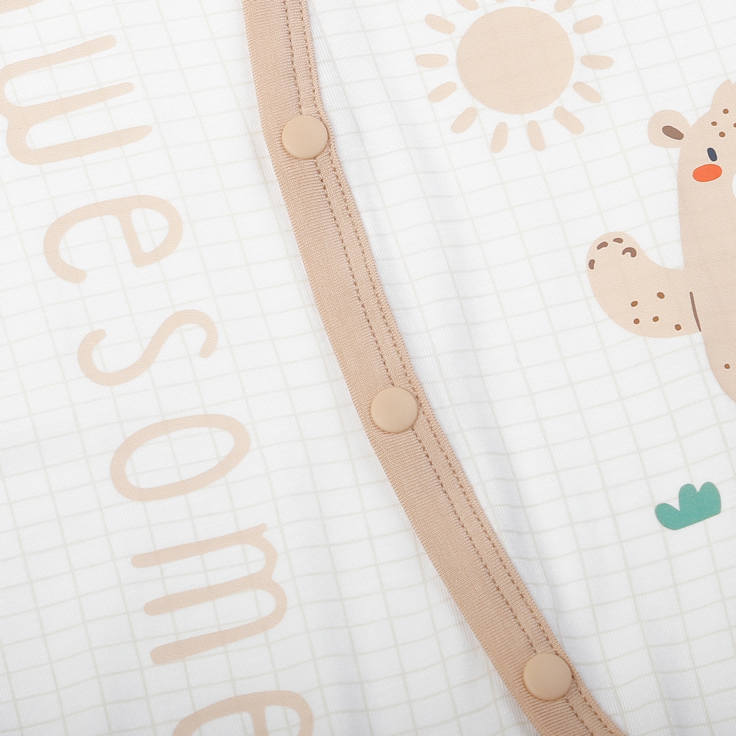 Body cộc tay cài lệch KidsPlaza in gấu M25H (Trắng kẻ nâu) 