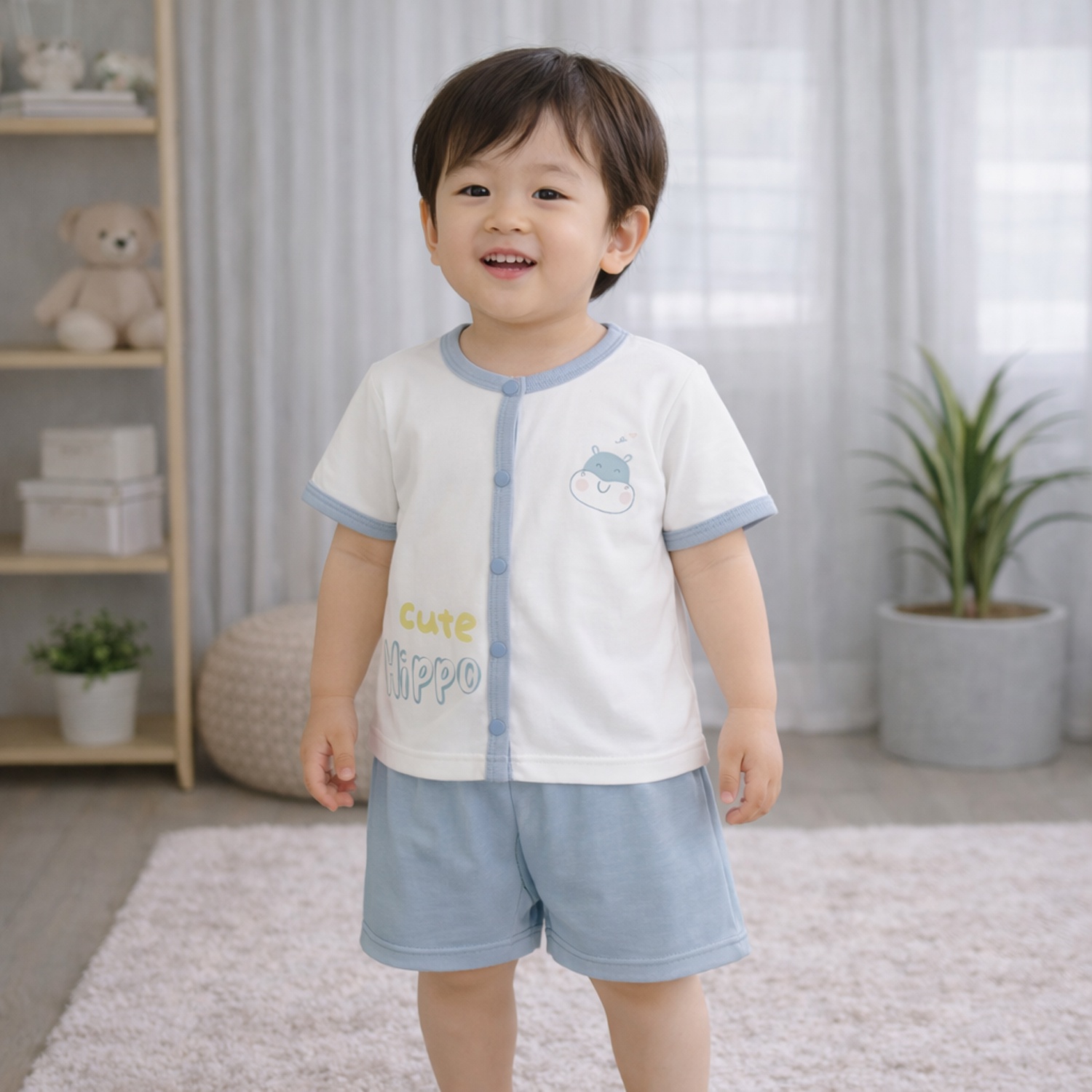 Bộ cộc cài giữa KidsPlaza cute hippo HN26H (Trắng xanh) hình 2