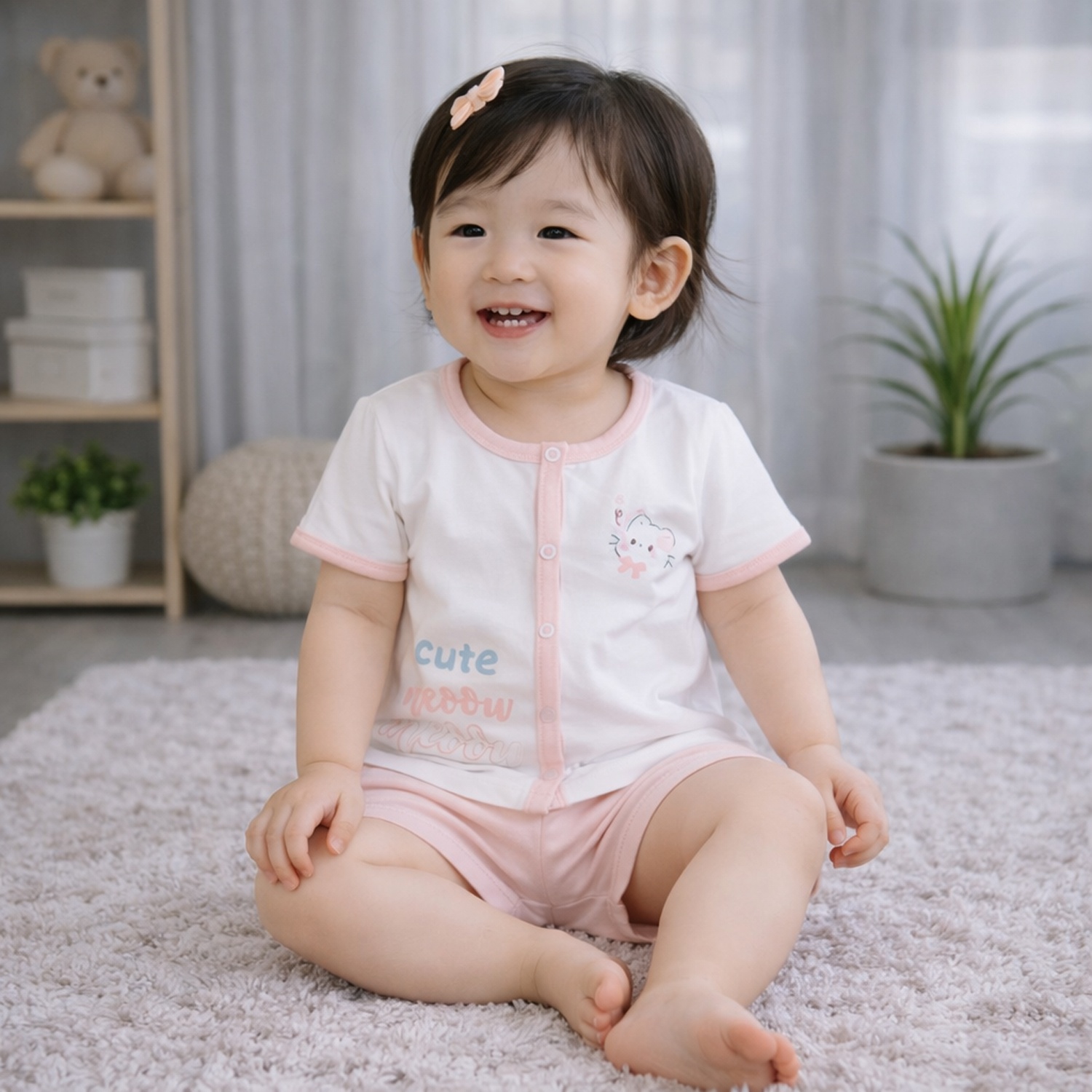 Bộ cộc cài giữa KidsPlaza in mèo HN26H (Trắng hồng) hình 2