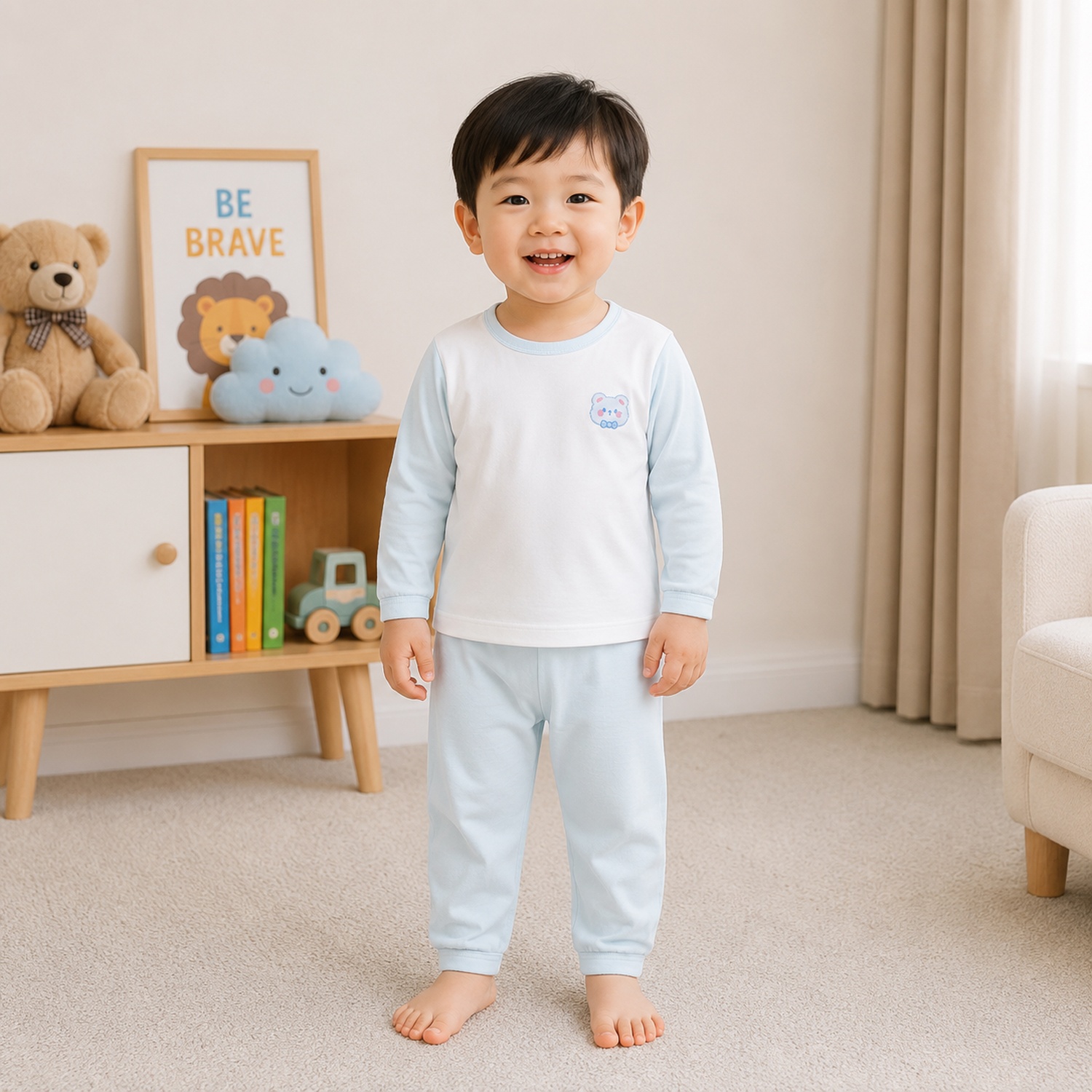 Bộ dài cài vai Mamago Guard in gấu HN26H (Trắng xanh) hình 3