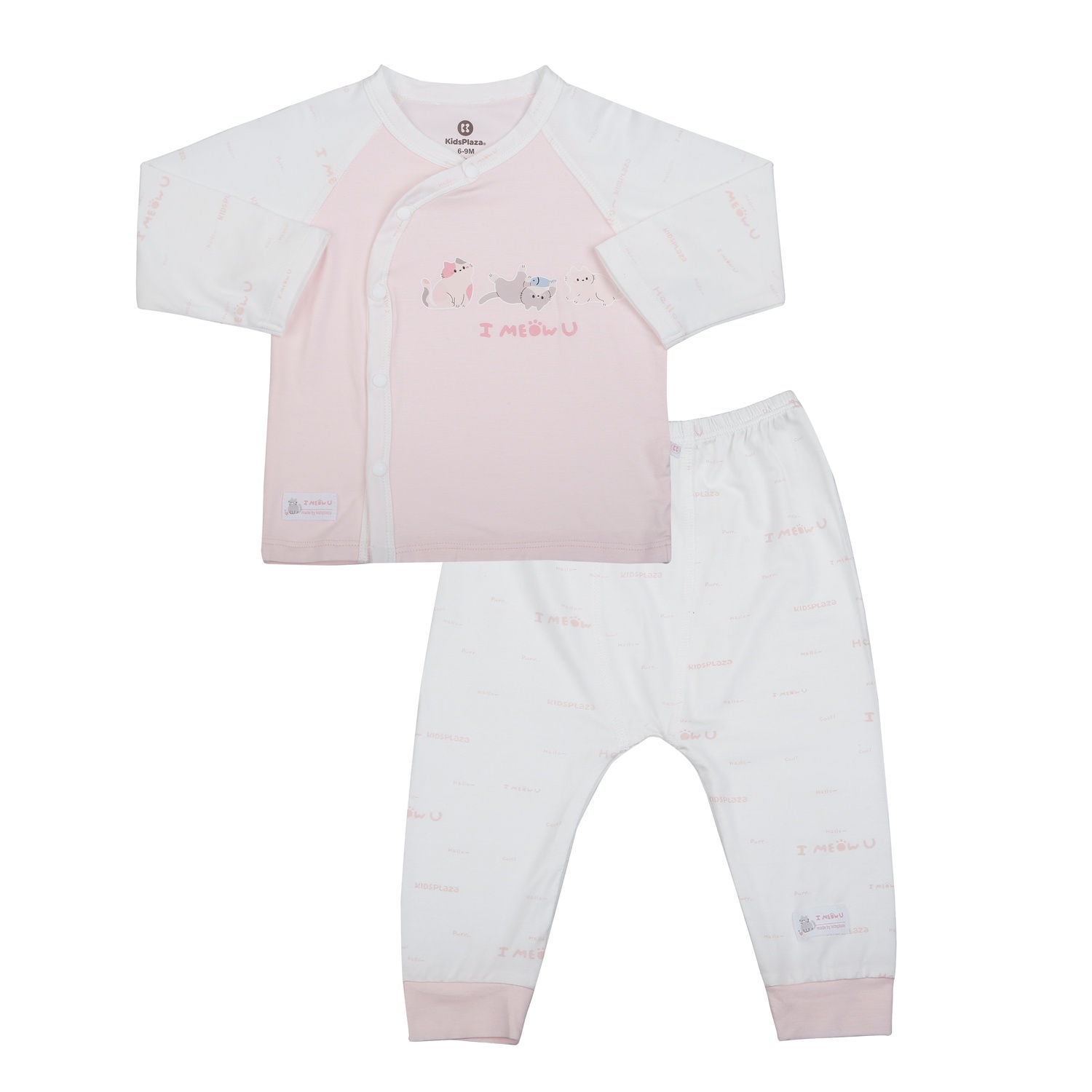 Bộ quần áo dài tay cài lệch KidsPlaza in mèo M26H (Trắng hồng) hình 1