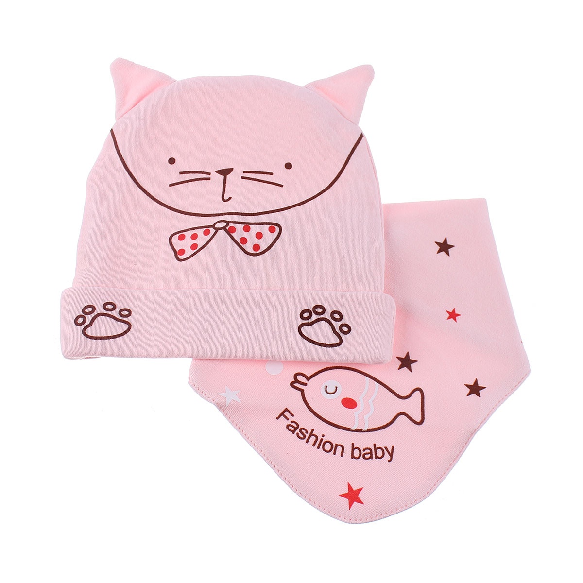 Bộ khăn mũ cho bé in mèo đeo nơ QQ19 hình 2