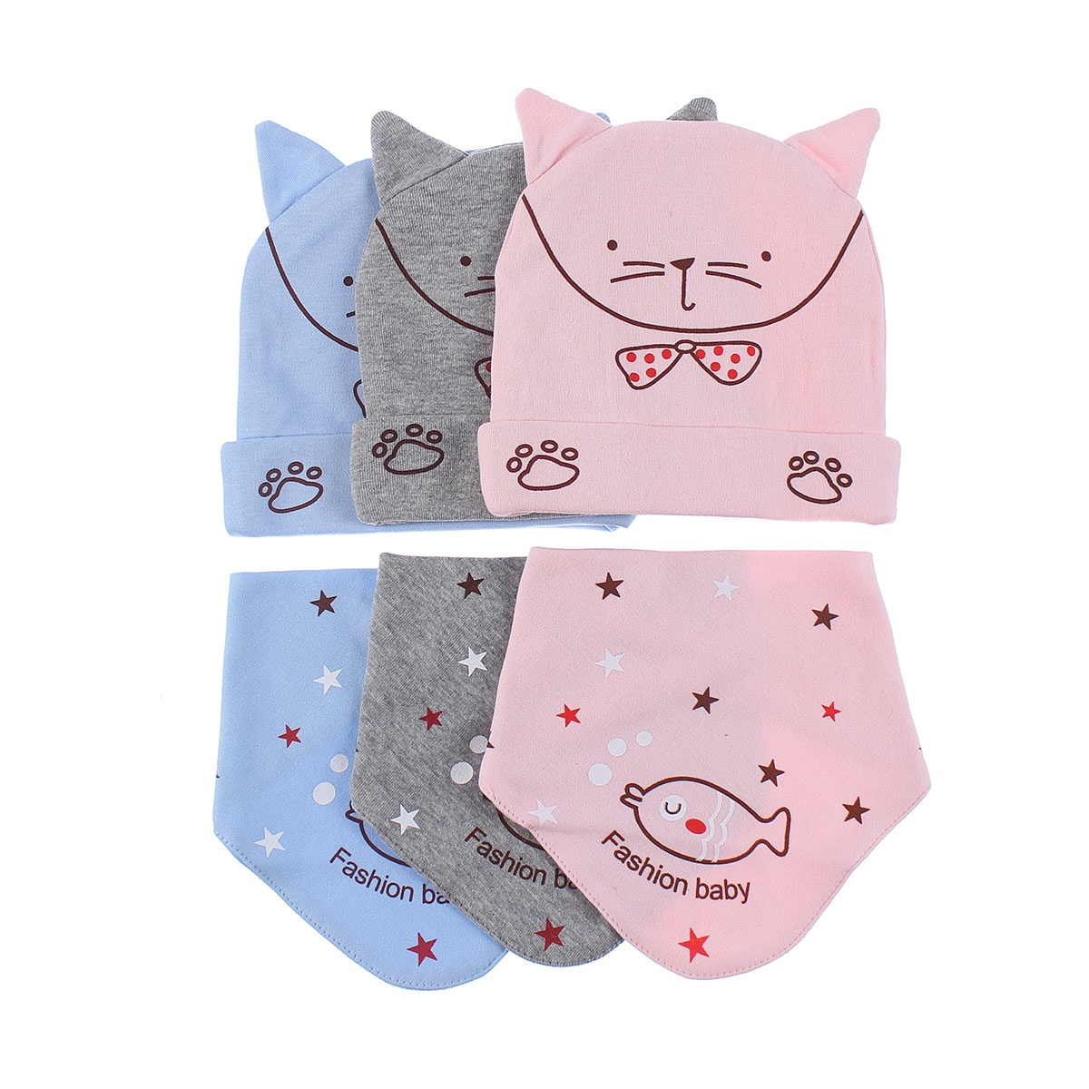 Bộ khăn mũ cho bé in mèo đeo nơ QQ19 hình 3