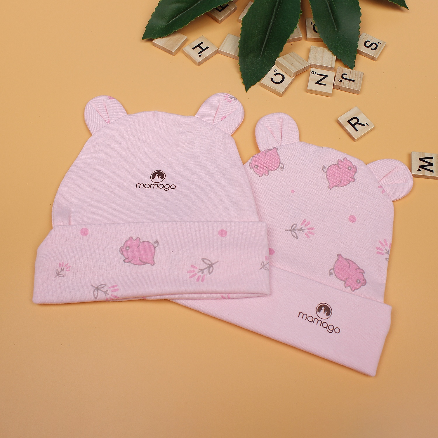 Mũ sơ sinh cho bé Mamago in hình chú heo NĐ19 (Hồng) hình 1
