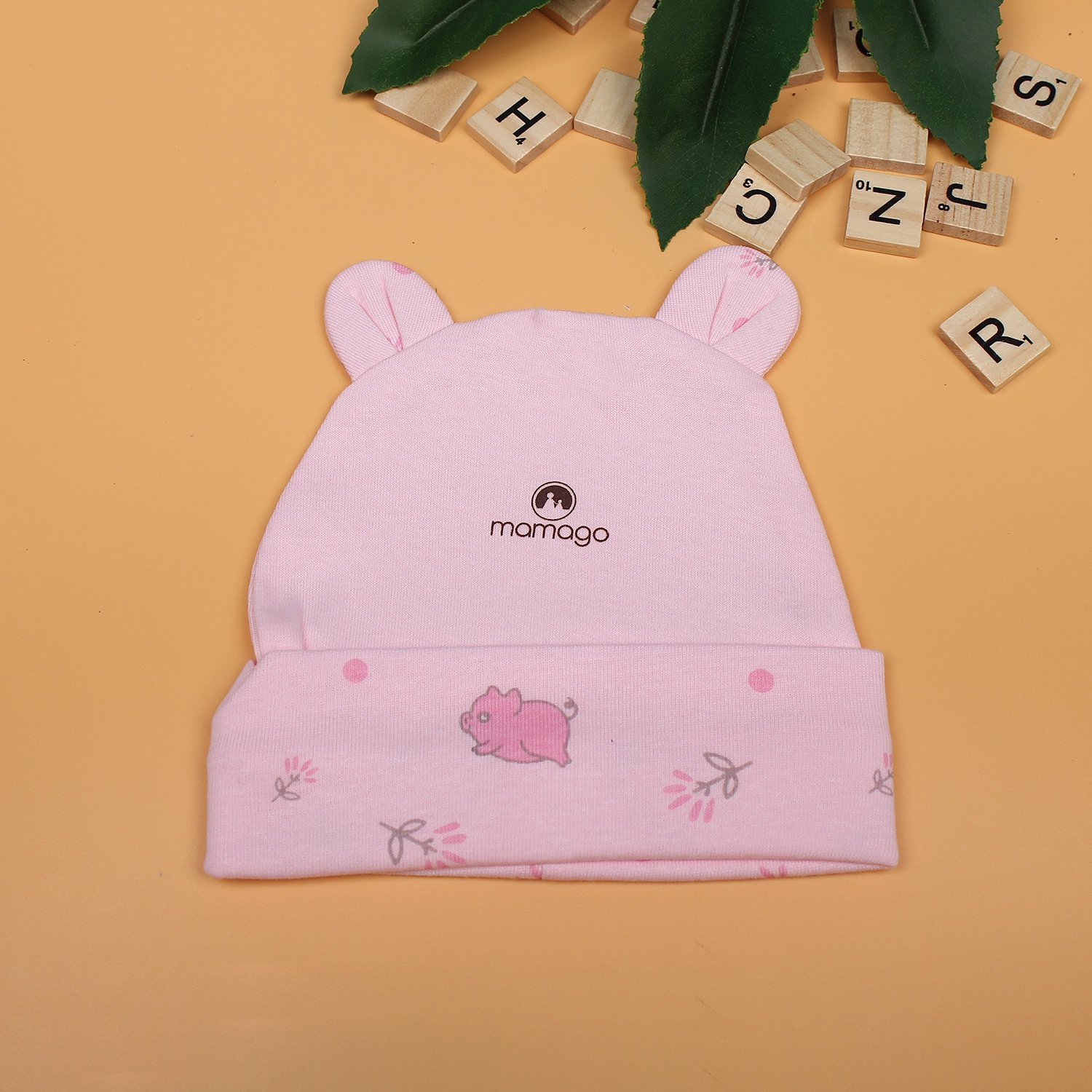 Mũ sơ sinh cho bé Mamago in hình chú heo NĐ19 (Hồng) hình 2