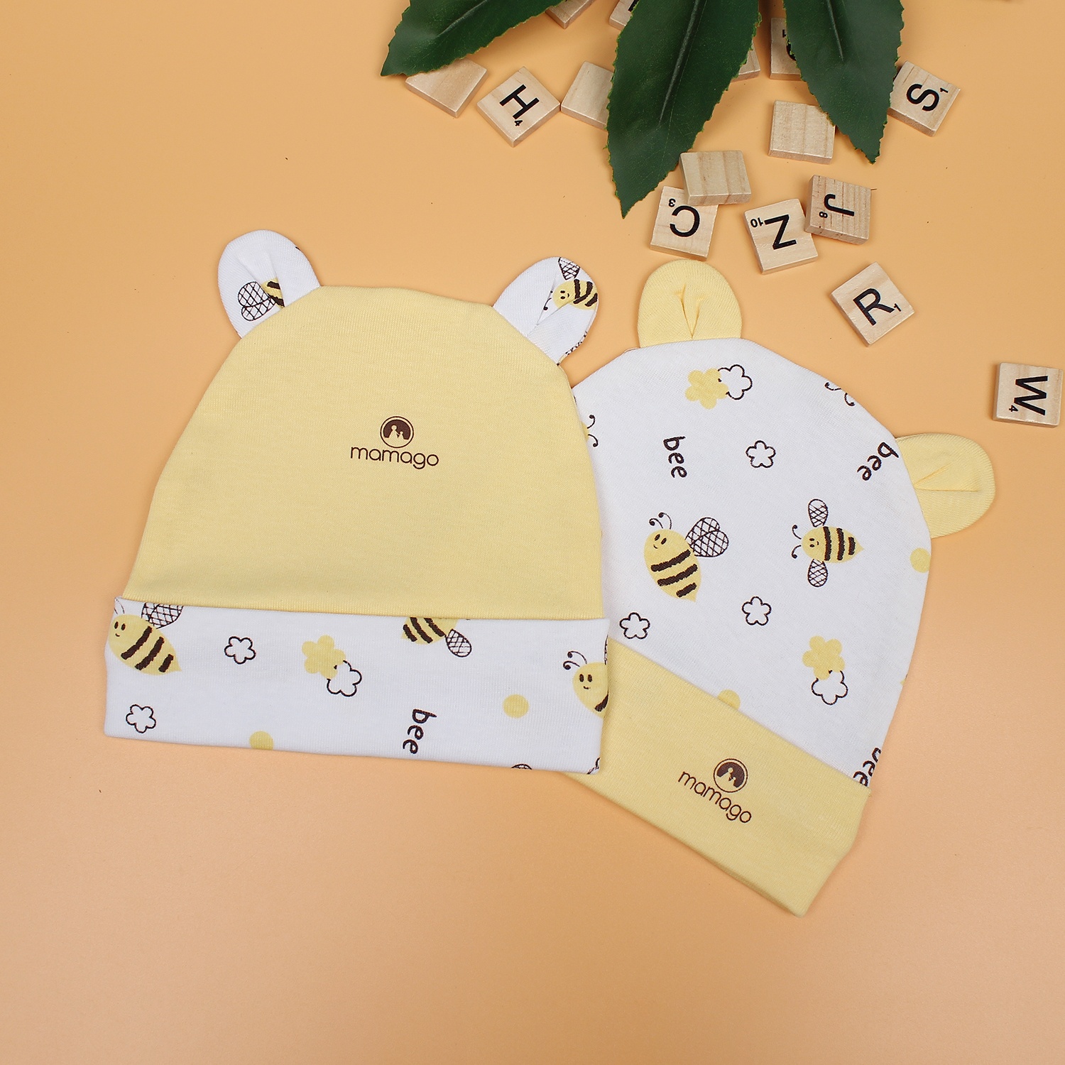 Mũ sơ sinh cho bé Mamago in hình chú ong NĐ19 (Vàng) hình 1