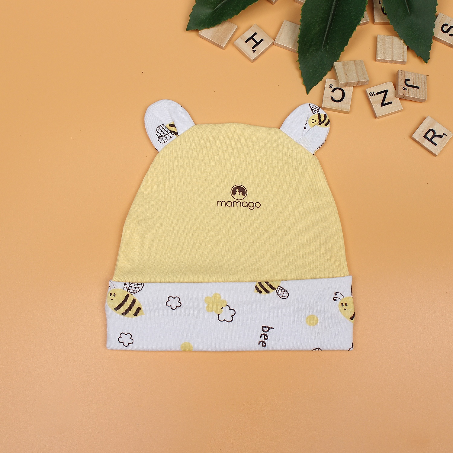 Mũ sơ sinh cho bé Mamago in hình chú ong NĐ19 (Vàng) hình 2
