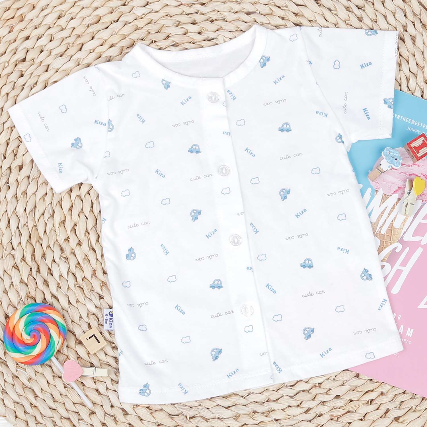 Áo sơ sinh cộc tay Kiza in hình ô tô (Trắng Xanh) hình 1