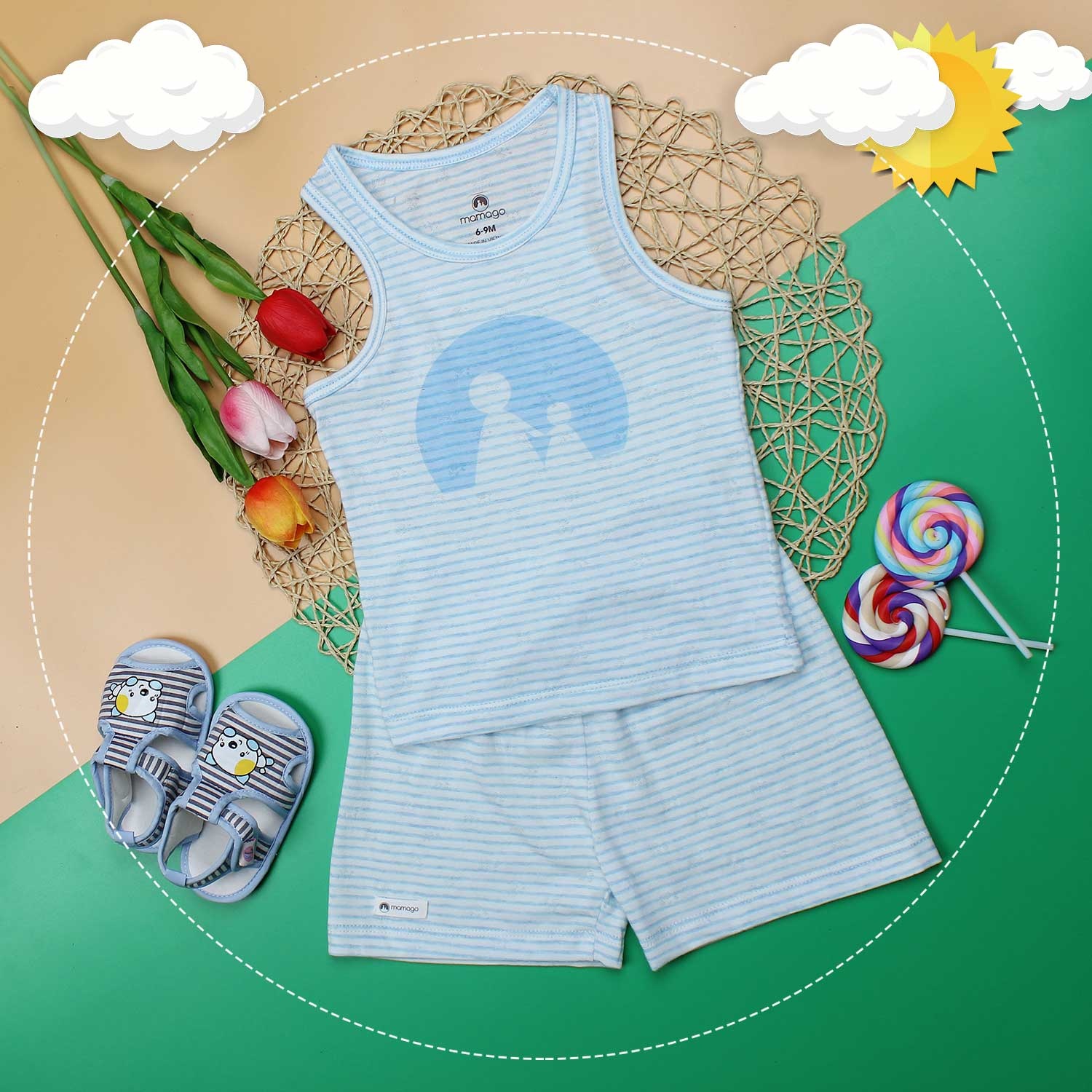 Bộ ba lỗ Mamago vân cá heo (kẻ xanh) hình 1