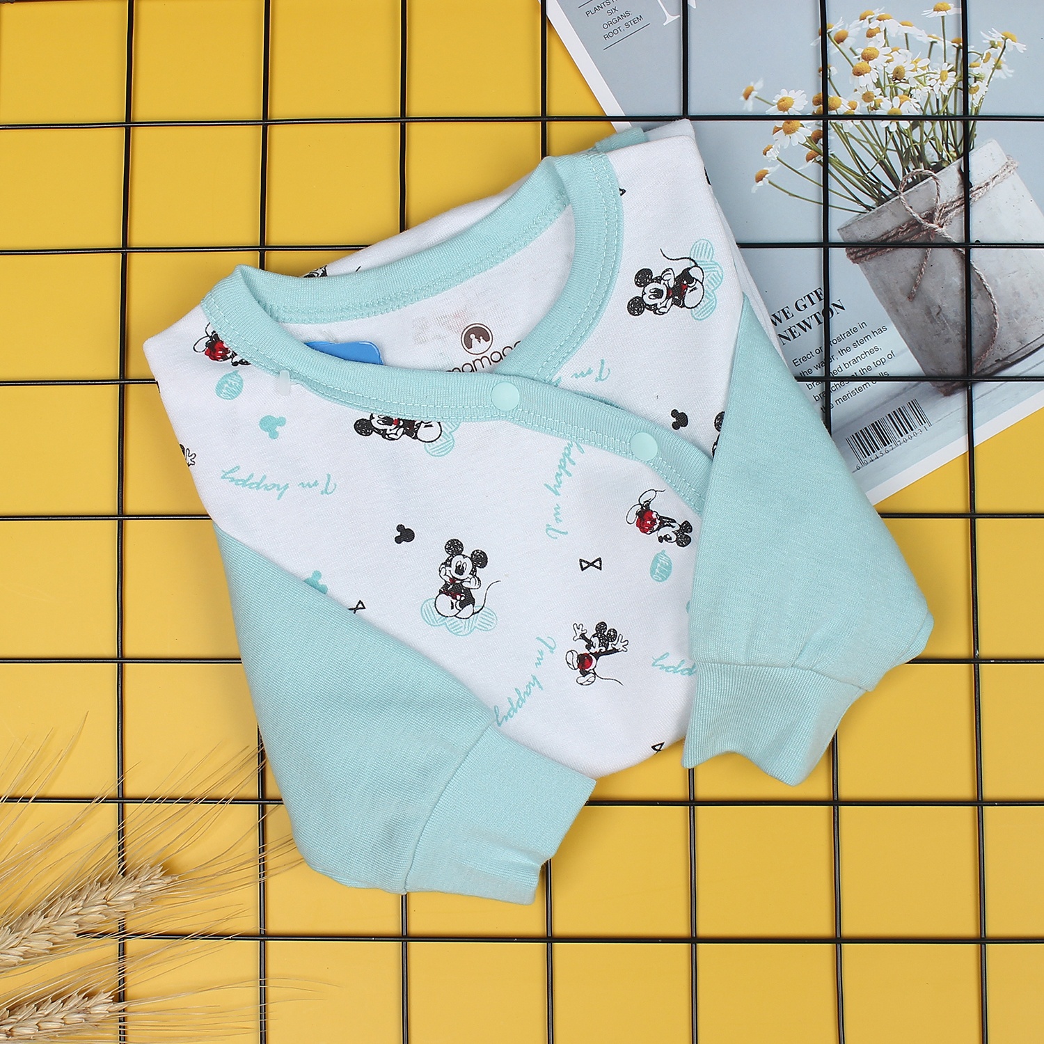 Bộ body sơ sinh dài tay Mamago NĐ19 in hình chuột Mickey (Xanh Trơn) hình 1